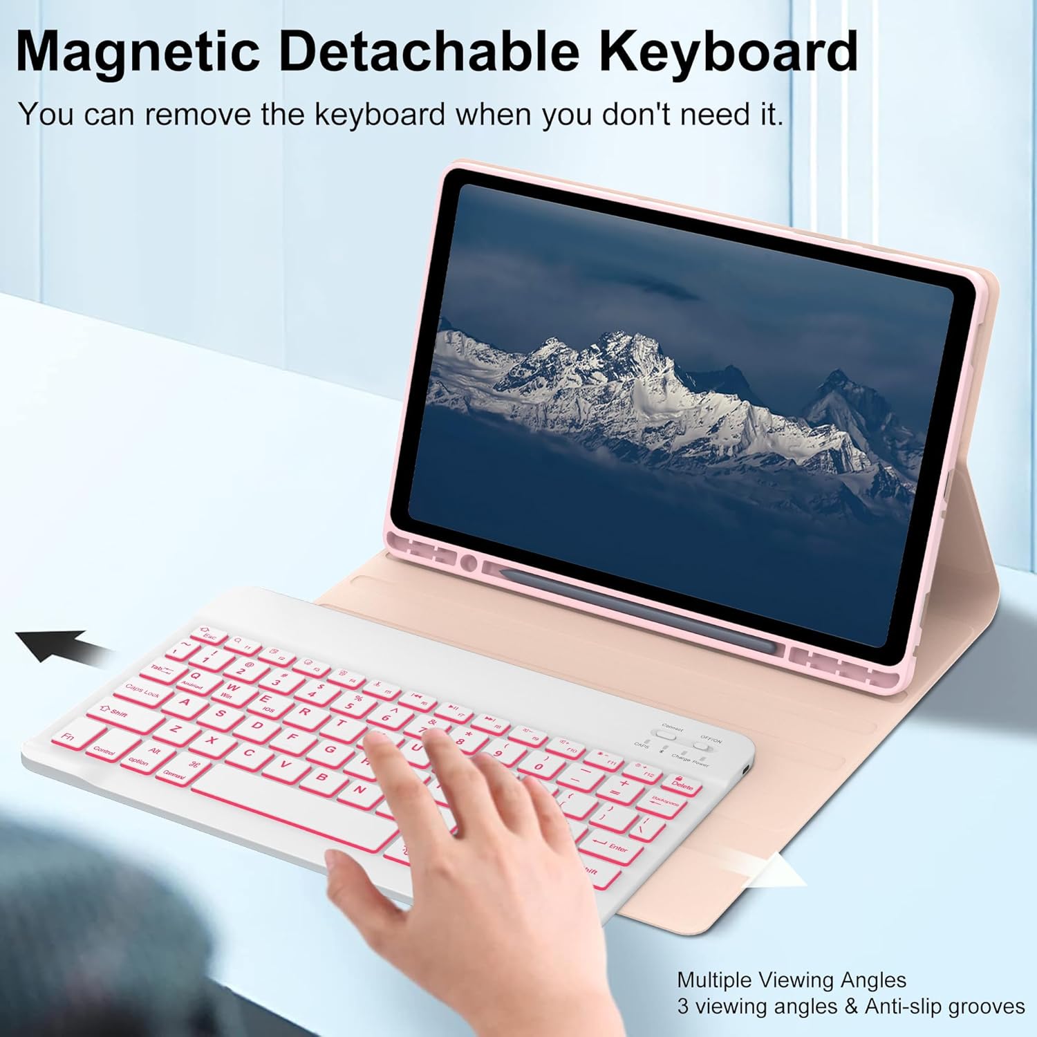 KVAGO Galaxy Tab A9 Plus case, with Keyboard 11 inches, 7-Color Backlight, Magnetic Detachable Keyboard, with S Pen Holder, Suitable for Samsung Galaxy Tab A9+11 inches (SM-X210/X216/X218), Pink