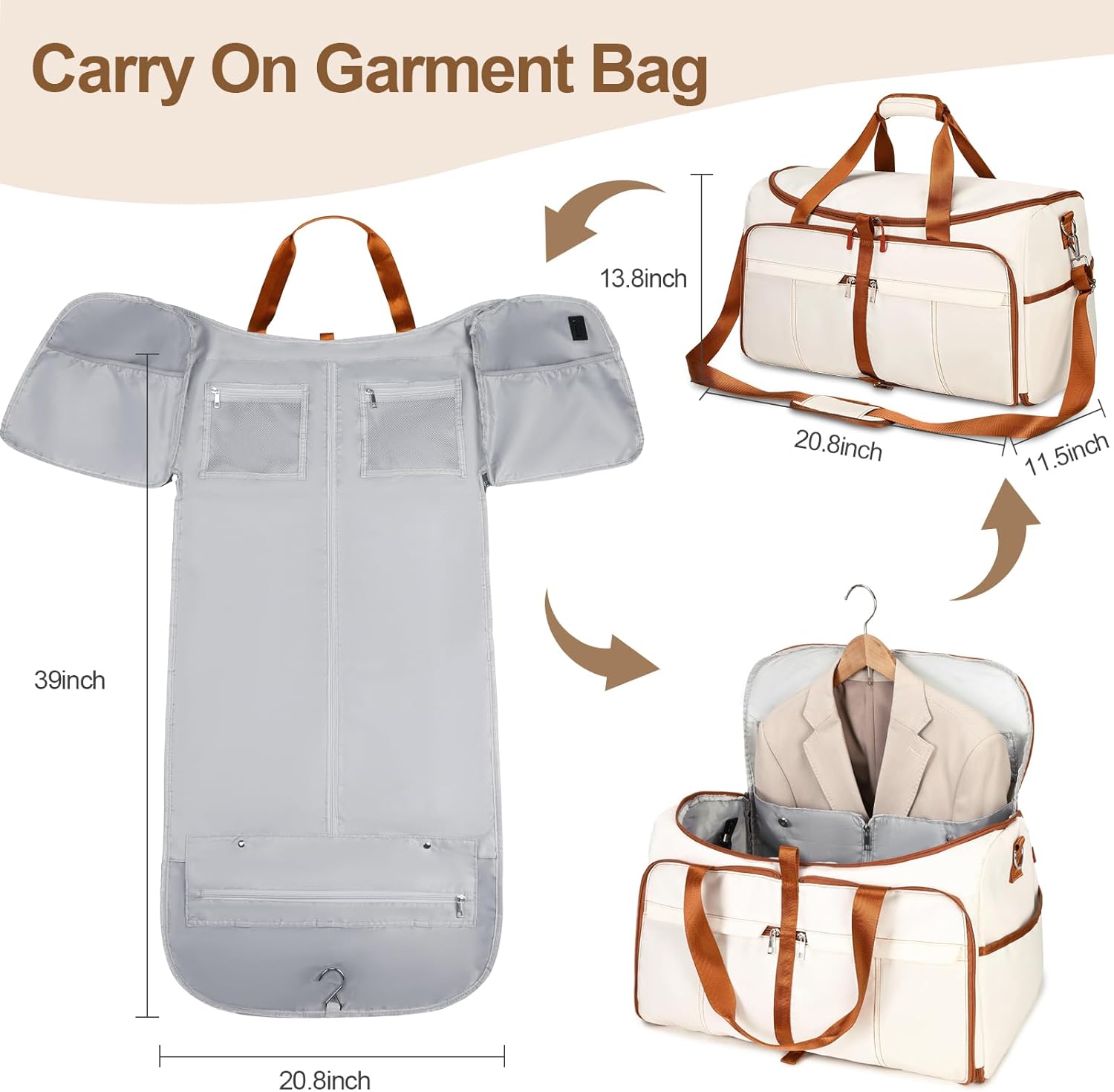 ACESAK Foldable Garment Bags for Travel, 2 in 1 Convertible Carry On Travel Garment Duffel Bag for Women with Toiletry & Shoe bag, Hanging Suitcase Suit Travel Bags for Men Women Gift (Beige）