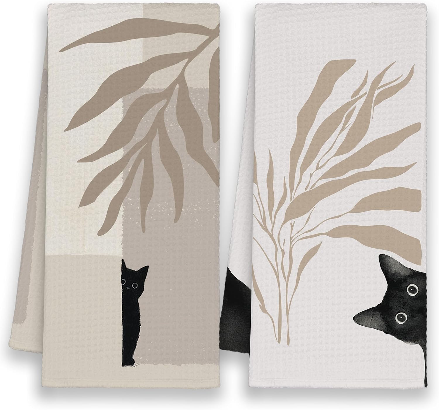 Black Cat Boho Kitchen Towels Set of 2, Funny Botanical Hand Towels Gifts for Bathroom Cat Lovers, Abstract Minimalist Beige Tea Dish Towel Decor for Dorm Home 16x24in