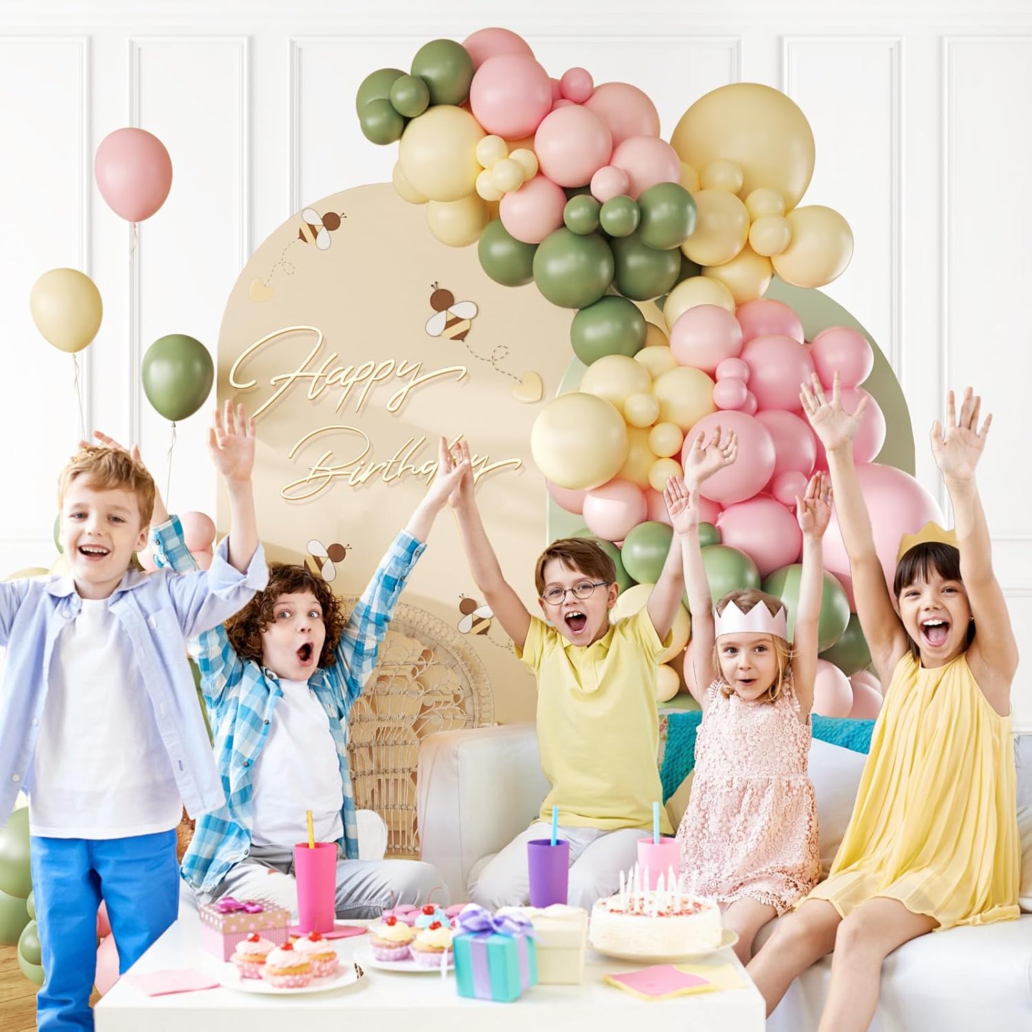 146pcs Pink and Yellow Balloon Garland Arch Kit, Pastel Pink Light Pink Yellow Sage Green Latex Balloons for Bear Themed Birthday Wedding Baby Shower Party Decorations