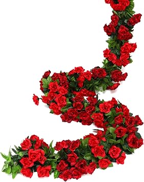JUSTOYOU 2pcs 7.8FT Double Color Artificial Fake Rose Garland Red Vines Hanging Silk Flowers Artificial Flower for Outdoor Indoor Wedding Wall Badroom Decoration Red, 13 Heads