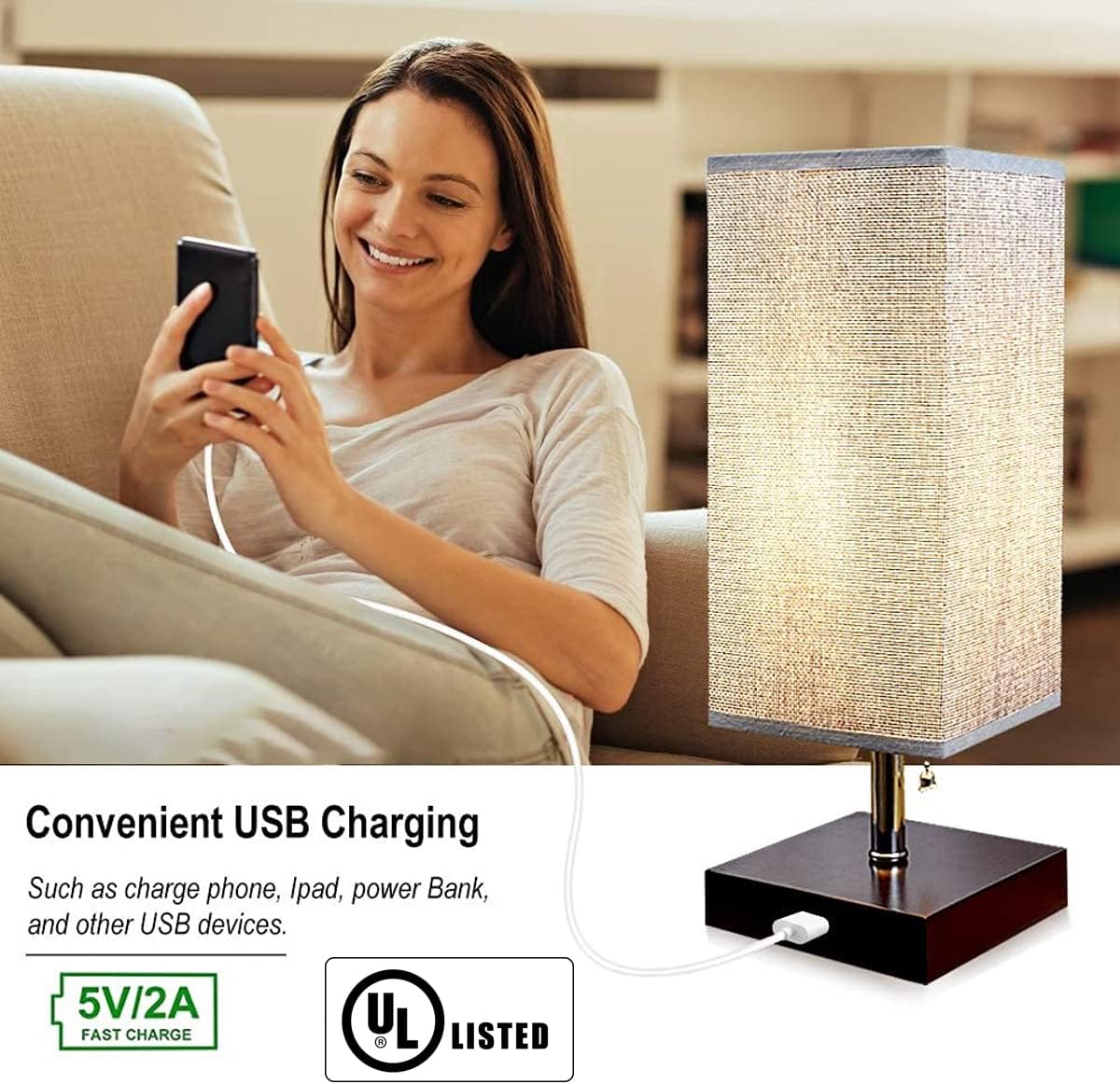 DLLT USB Bedside Table Lamp, Nightstand Lamp, Small Desk Table Lamp for Bedroom, Living Room, Dorm, Kids Room, Hotel, Modern Nightstand Light with Grey Square Fabric Shade (Bulb Included)
