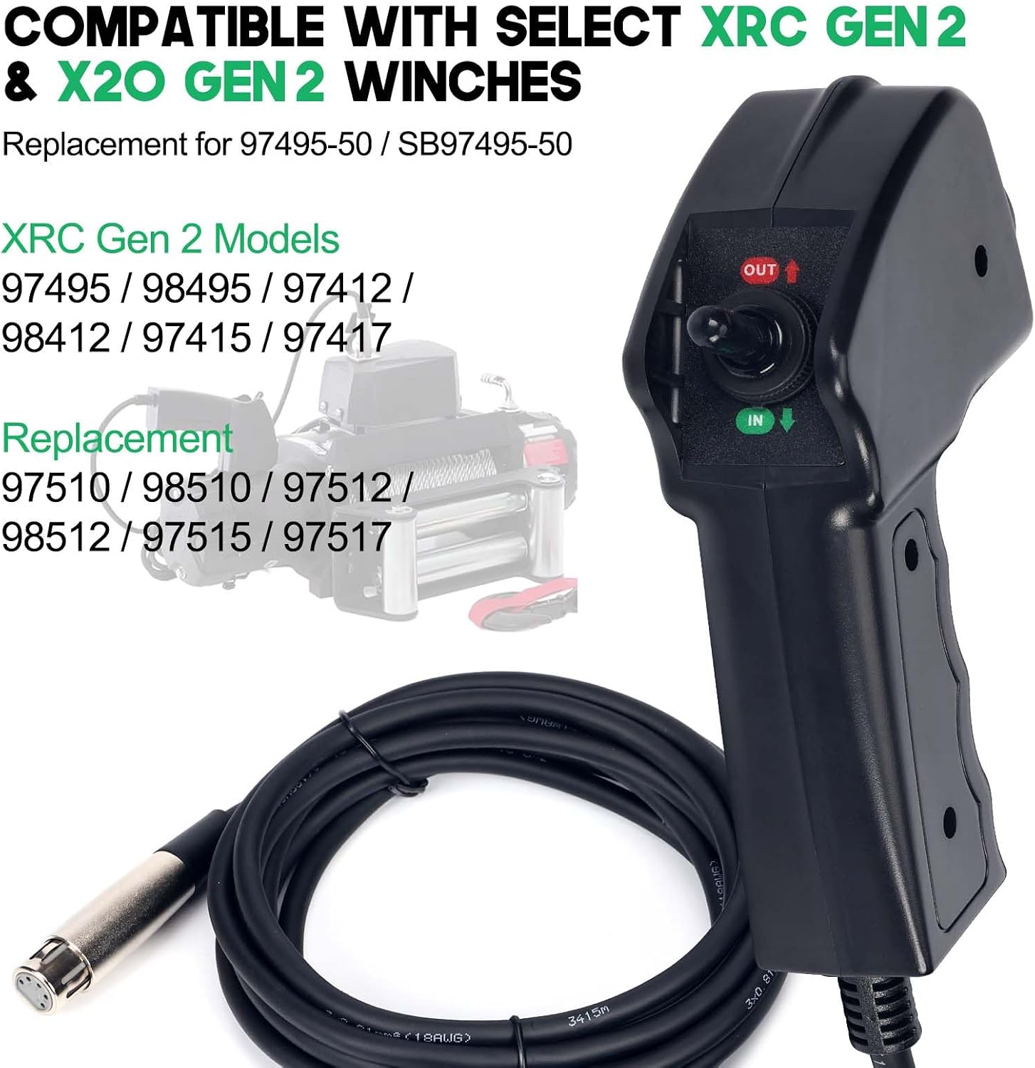 97495-50 Winch Remote Control, Wired Replacement Controller Compatible with Smittybilt XRC Gen 2 XRC8 XRC10 XRC12 XRC15 Winches, Fits Select X2O Gen 2 Models, 5-Pin C-Shape Socket