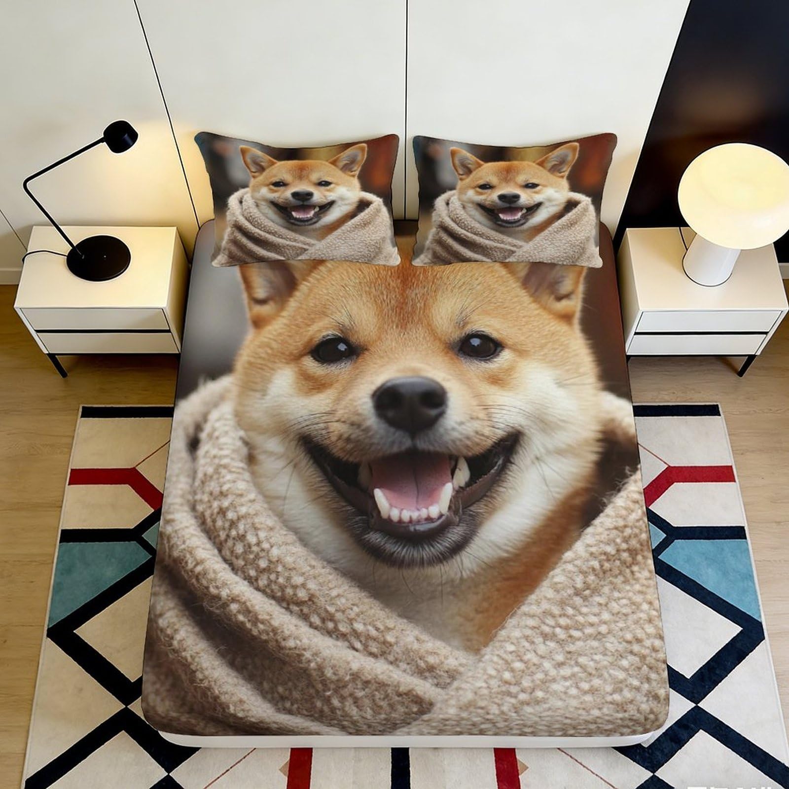 3D Printed Shiba Inu Dog Fitted Sheet Microfiber Soft Anti-Slip Cartoon Animal Blanket Mattress Cover for Bedroom Dorm Home Decor 90x200x25cm
