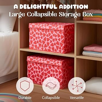 OHS Large Collapsible Storage Box, Valentines Gifts for Women Hearts Print Foldable Storage Box with Lid Wardrobe Organiser Bin Handle Fabric Basket Organiser for Clothes Book Shelf Office, Pink
