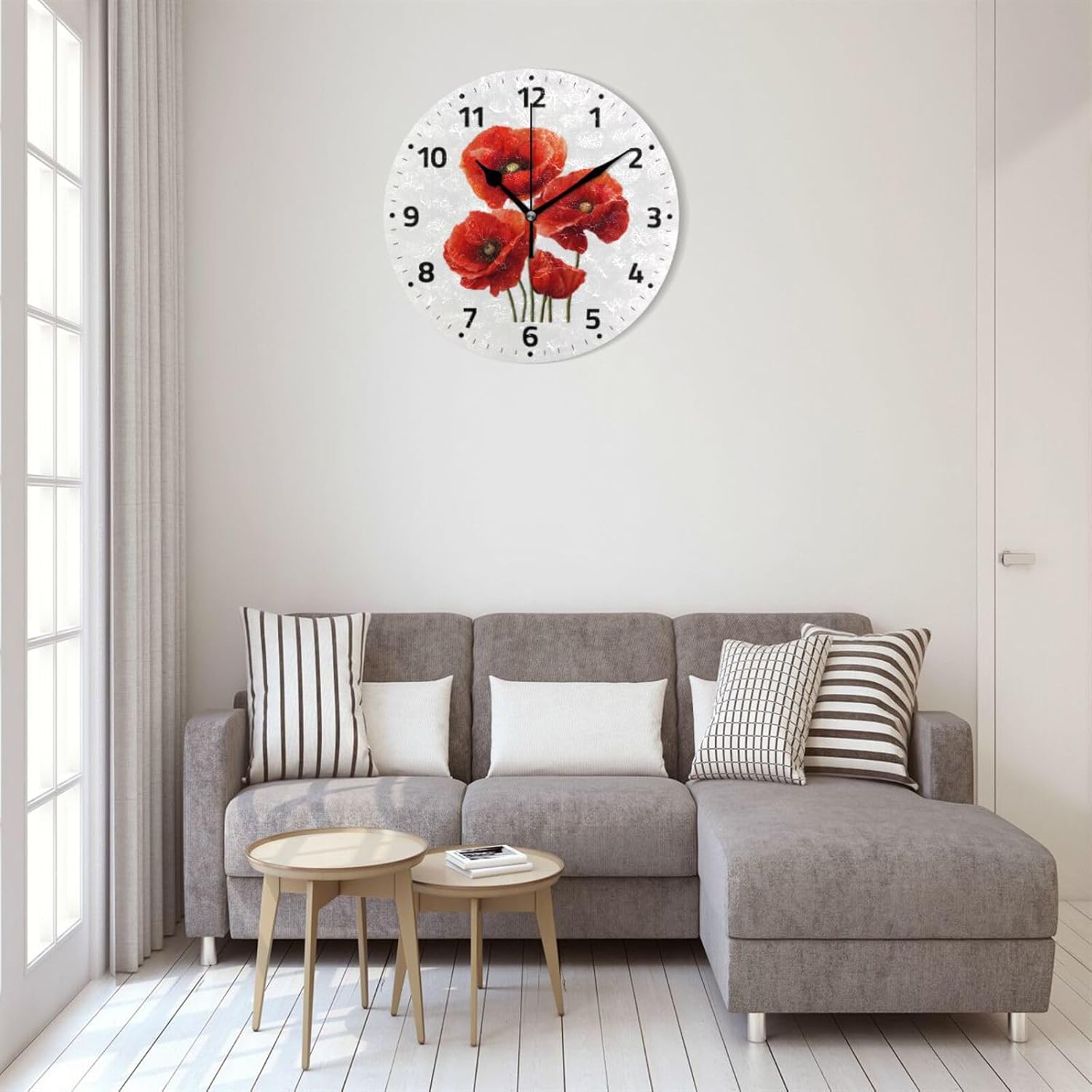 Wall Clock Red Poppy Flowers Round Clock Battery Operated Silent Non-Ticking Quartz Quiet Desk Clock for Bedrooms Kitchen Living Room Classroom Office 9.5 in