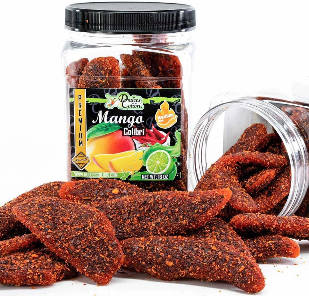 Dulces Colibri - Mango Colibri | PREMIUM Chili-Lime Mango | MEDIUM MILD | Family Size - 16oz Jar | Mess Free | Soft Chewy Mango Slices |