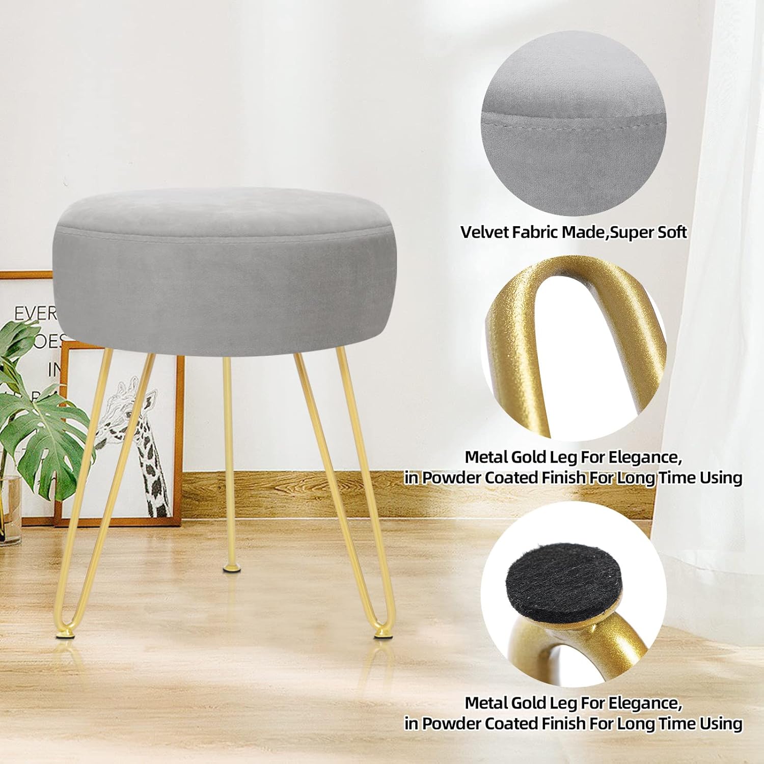 Velvet Soft Modern Vanity Stool -Round Footrest Stool Ottoman Side Table Seat Dressing with Golden Metal Leg and Sponge Filling,Upholstered Foot Rest, for Living Room and Bedroom (Gray)