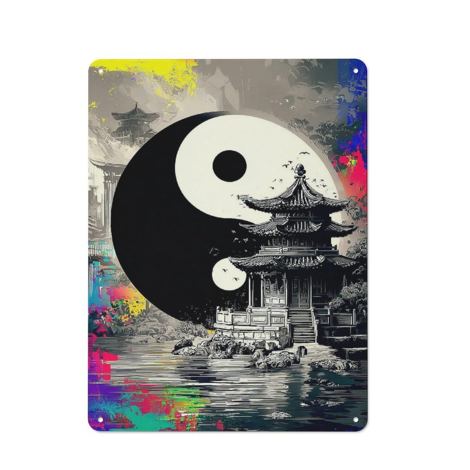 Junmoney Yin-Yang Harmony Asian Architecture Tin Sign With Design 40X30cm, Vintage Shed Wall Decor For Greenhouse, Garden Room, Cafe Or Entryway