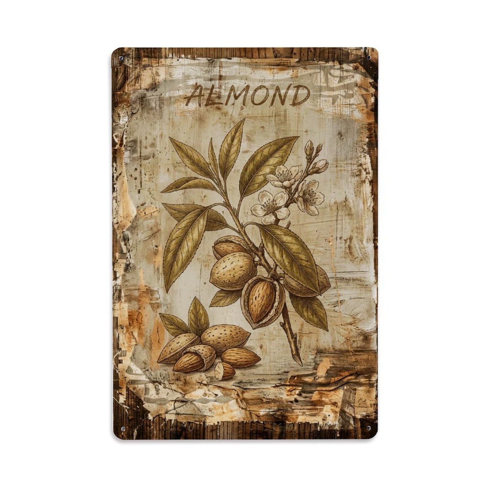 Fqnyr Style Almond Tree Nut Metal Tin Sign Plaque Wall Decor For Cafe, Club Bar, Office, Home Garden Metal Poster 8X12inch