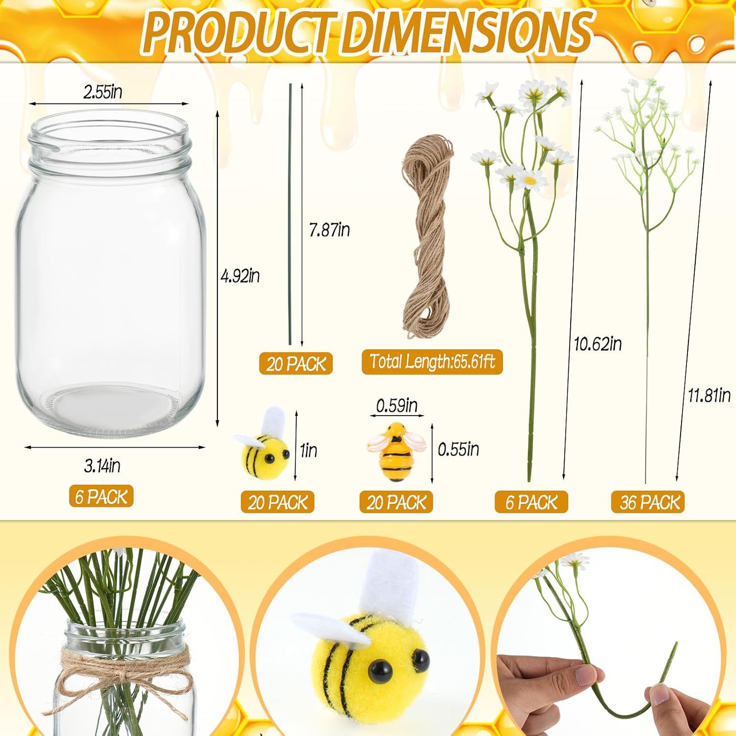 6 Sets 89 Pcs Bee Themed Party Honeybee Table Centerpieces Mason Jar Rustic Farmhouse Supplies Resin Bee Artificial Daisy Babys Breath Artificial Flowers Rope for Baby Shower Birthday Garden Party