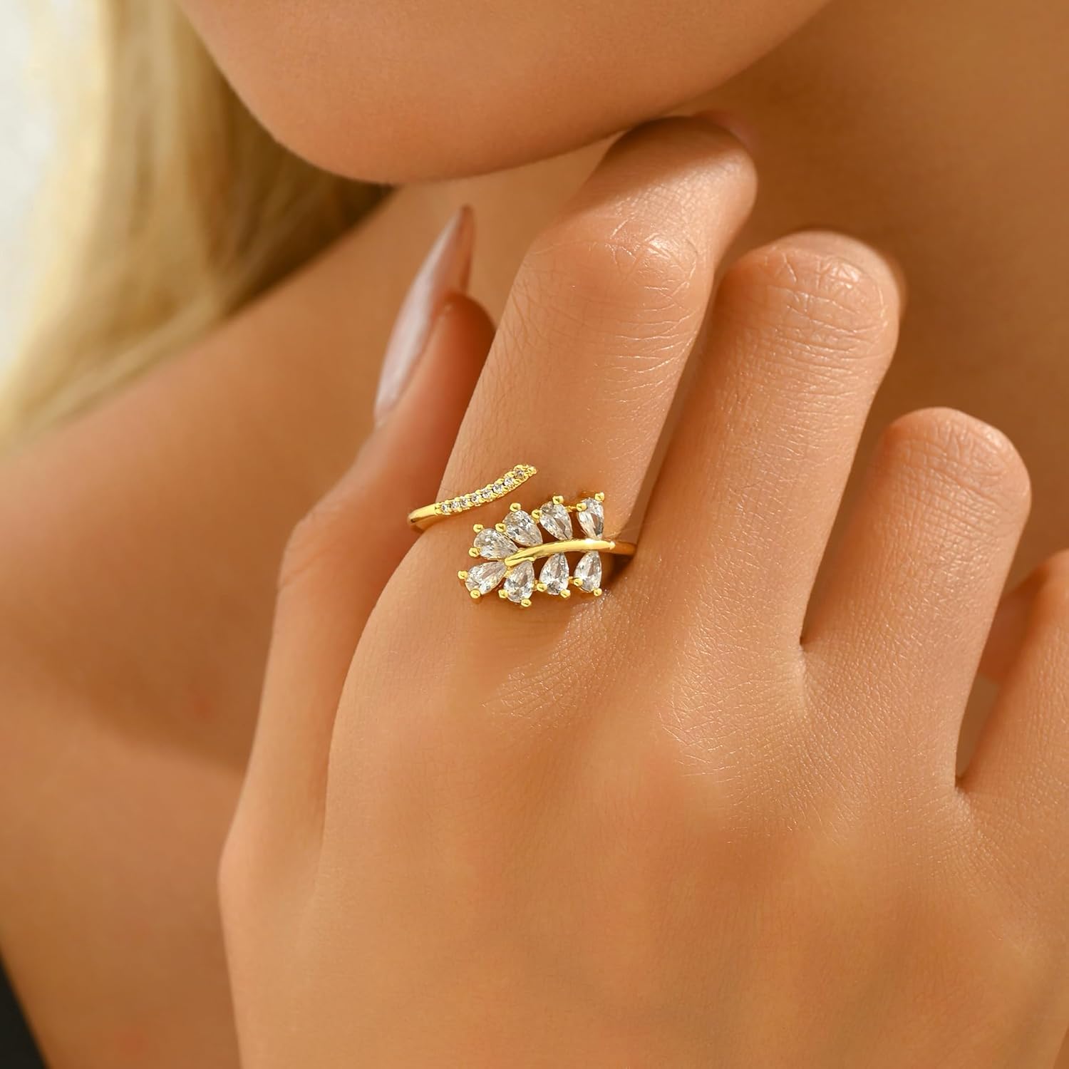 Cubic Zirconia Rings for Women Non Tarnish, 18K Gold Plated Dainty Stackable CZ Cross Moon Star Clover Leaf Open Ring, Eternity Wedding Band Rings Jewelry, Christmas Gifts - Image 3