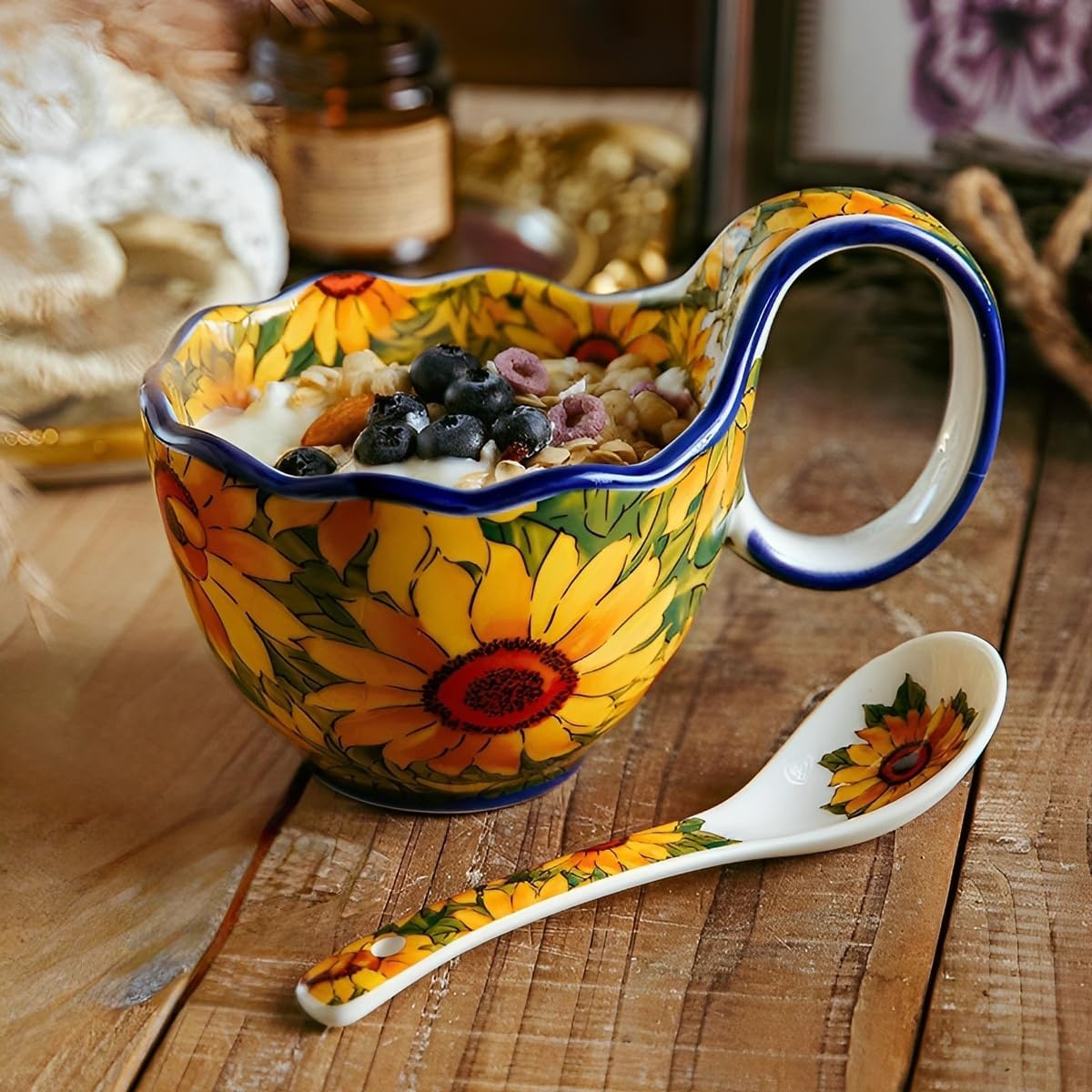 17.64 Oz Microwavable Soup Bowl with Handle, Hand Painted Sunflower Decorative Soup Bowls with Handles, Ceramic Soup Bowl with Spoon for Holding Fruits Cereal Snack, Chili, Ice Cream, Stew and Salsa