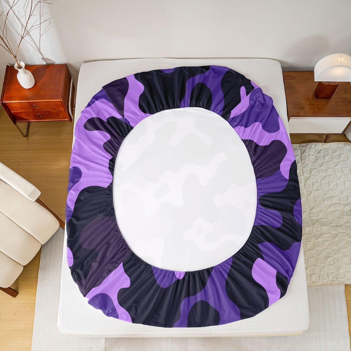 Erosebridal Contemporary Woodland Camo Sheet Set Retro Casual Blob Violet Purple Full Size Bed Sheets for Toddler Boys, Fashion Decorative Camouflage Bedding Set