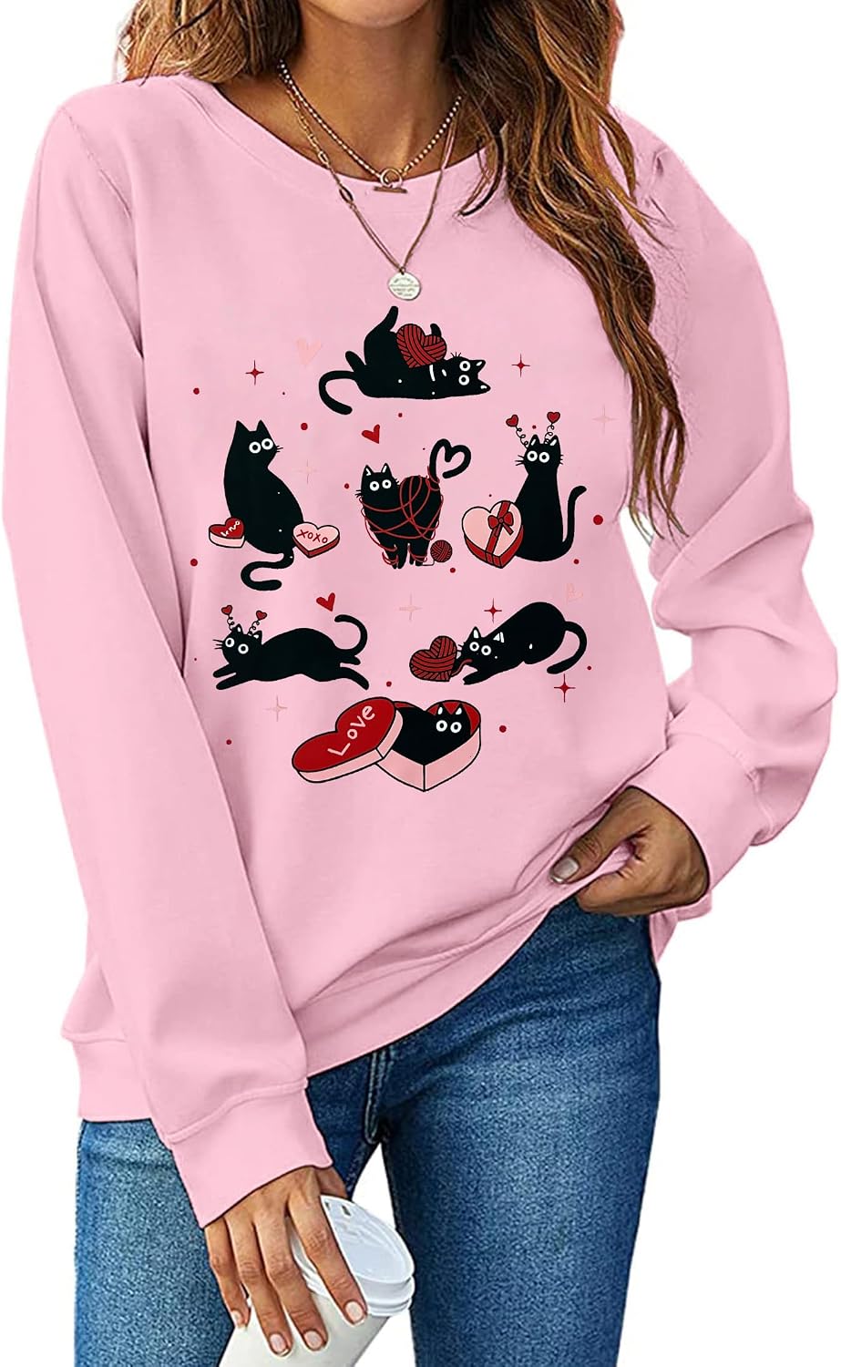 Meowy Valentines Sweatshirt for Women Cute Black Cat Love Long Sleeve Shirt