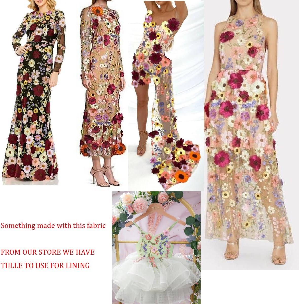 47'' 3D Mixed Colors Embroidered Flowers on Black, Beige, Green net lace Fabric by Yard (Beige net), FL2202