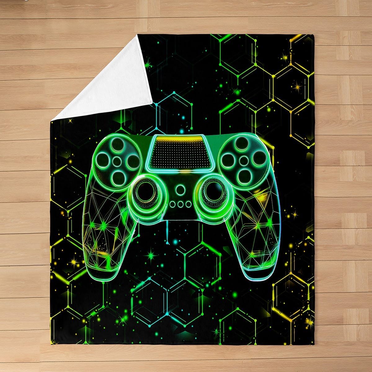 Honeycomb Gamepad Kids Flannel Blanket,Neon Geometric Hexagon Throw Blanket,Video Gaming Controller Gamer Console Cozy Throws for Bed Couch Sofa,Green Soft and Breathable,40 x 50 Inches image 3