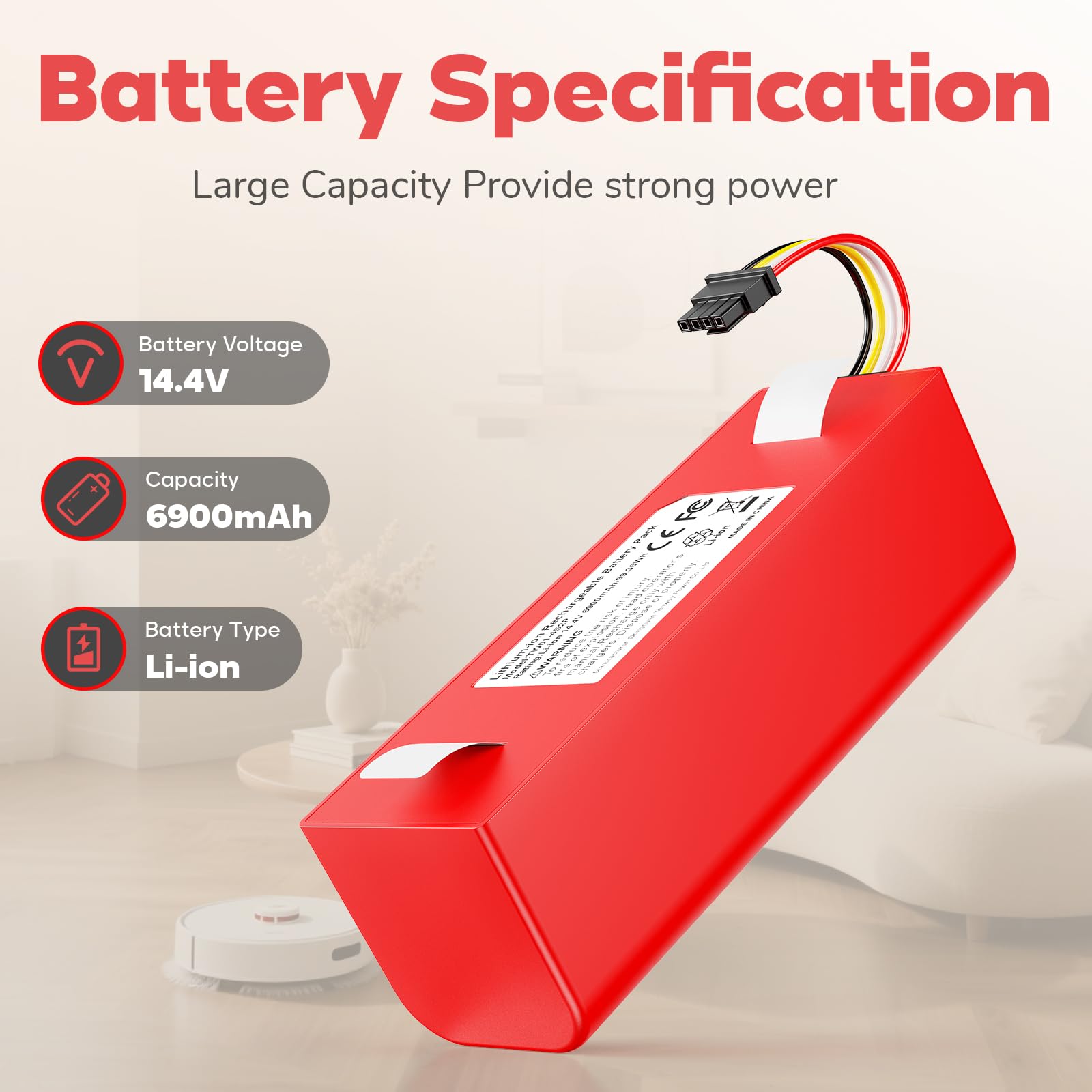ASUNCELL Batterie de rechange Li-ion 14,4 V 6900 mAh pour Xiaomi Roborock S50 S51 S55 S7 S6 S5 Max Xiaowa E20 E25 E35 Xiaomi Mijia Robot Aspirateur Batterie de rechange Mijia 1ère