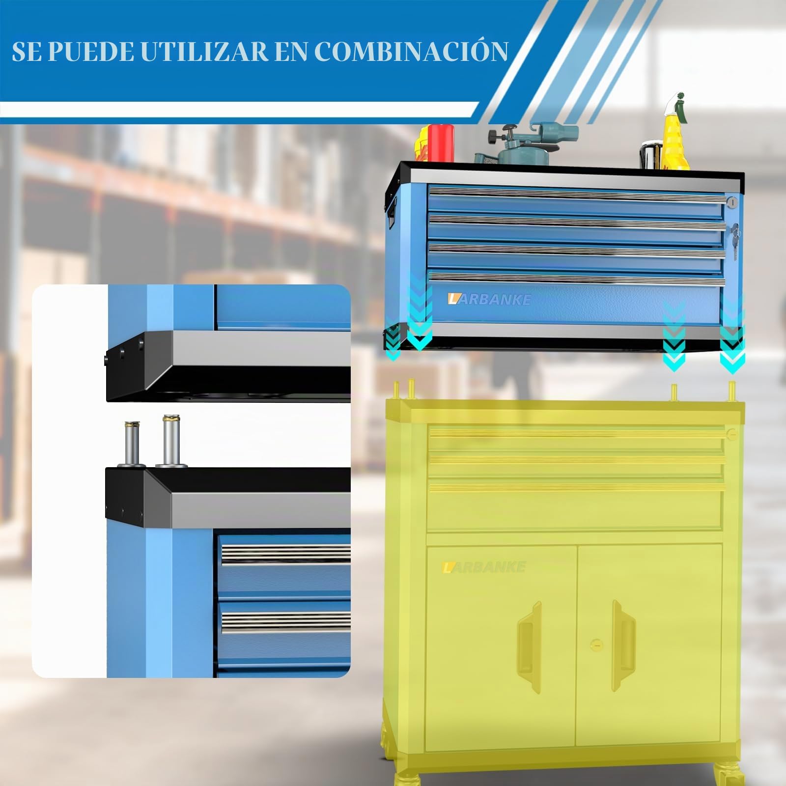 Caja de herramientas de 4 cajones con cerradura y llaves, caja de herramientas portátil con encimera multifuncional, con forro de cajón y agujeros de conexión, apilable con cajas de herramientas de 5