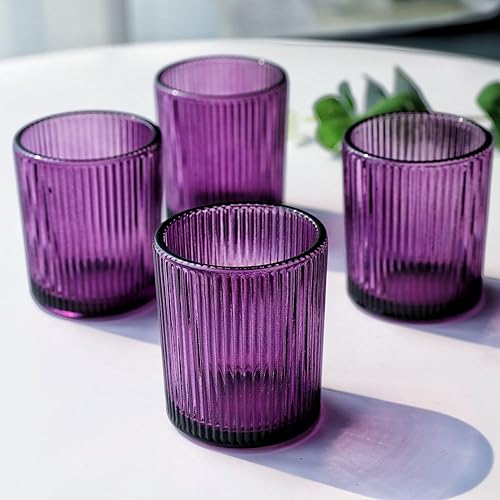 Miniatura 7 de VOHO Juego de 24 portavelas votivas de cristal morado para bodas temáticas, fiestas, portavelas acanalado para velas de té y velas votivas (2.1 x