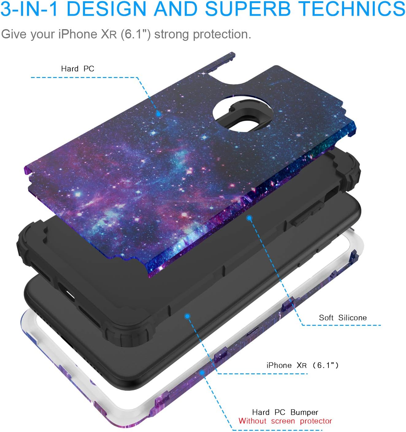 BENTOBEN iPhone XR Case, iPhone Xr Case Purple Space, 3 in 1 Heavy Duty Slim Nebula Galaxy Design Hybrid Hard PC Back Cover Soft Silicone Bumper Full Body Protective Phone Cases for iPhone XR, Space