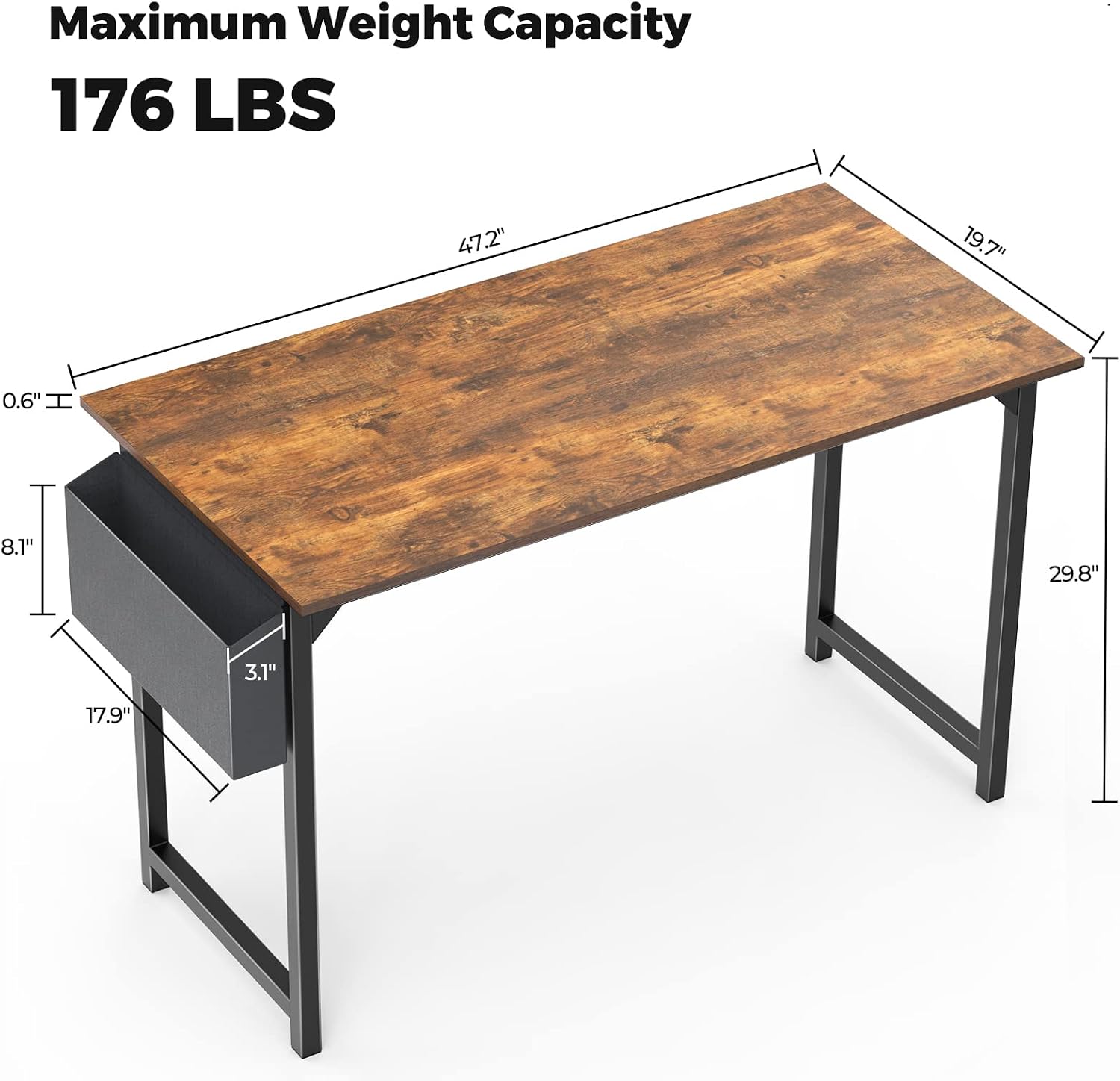 47 Inch Home Office Desk - Computer Writing Desk for Small Spaces, Sturdy Simple Study Table with Storage Bag Headphone Hook, 47 x 19.7 inches, Rustic Brown