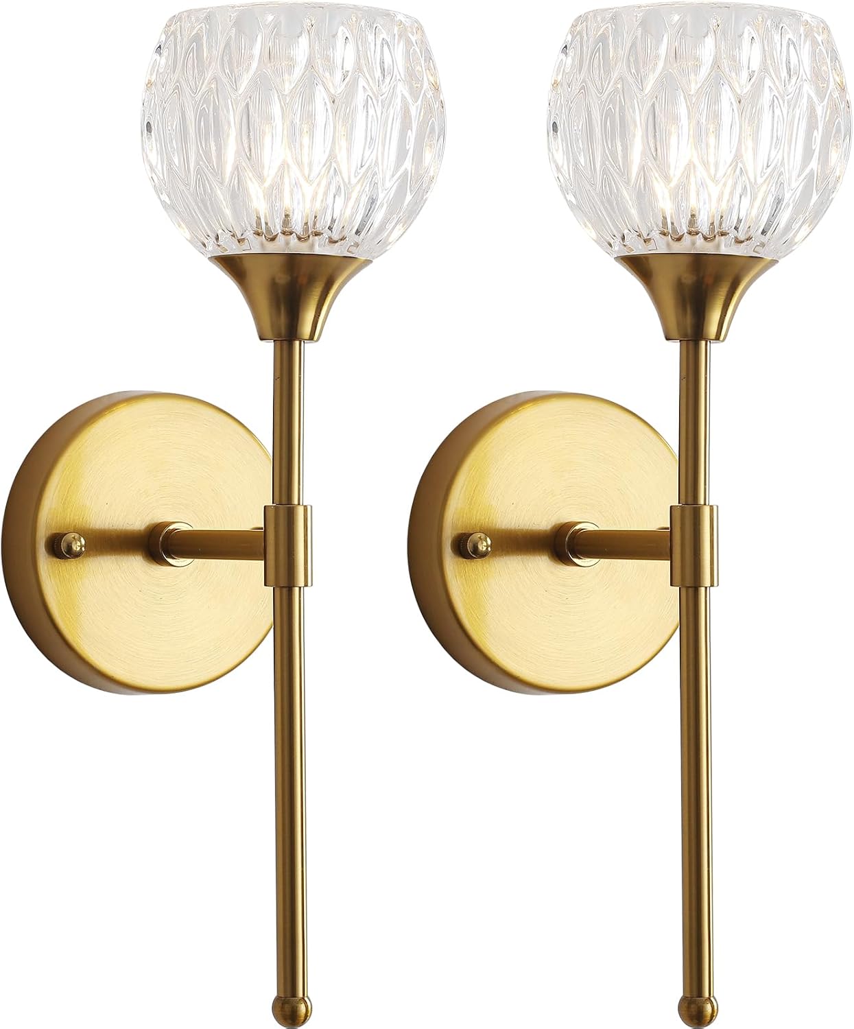 Gold Crystal Wall Sconce Set of Two, Modern Mid Century Vintage Wall Sconces with Clear Glass Shades, Bathroom Vanity Light Fixtures Industrial Brushed Brass Wall Lamp for Bedroom Mirror Living Room