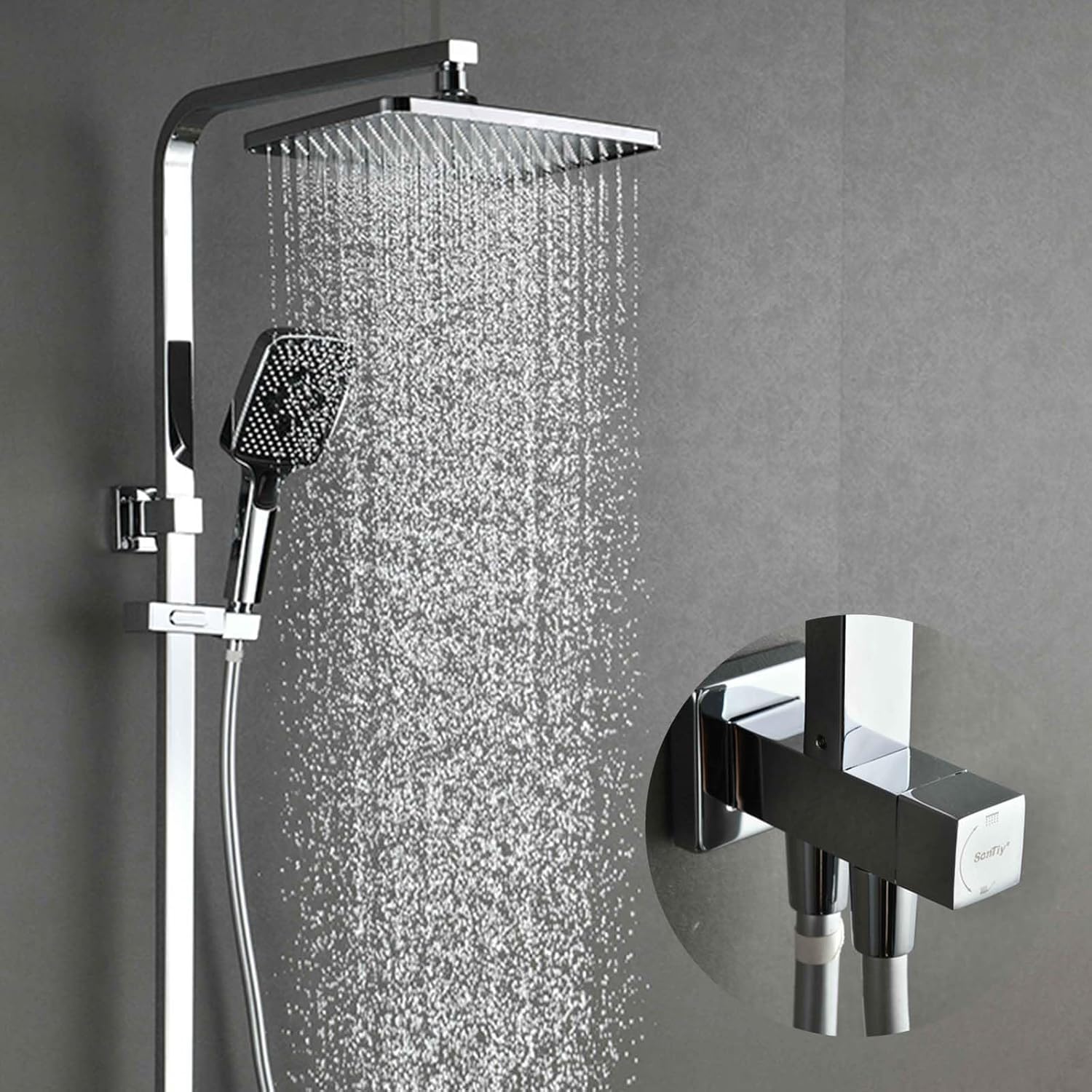 SonTiy Duschsystem Regendusche ohne Armatur,Edelstahl Duschset mit Quadratische großer Regendusche &amp; 3 Strahlarten Handbrause, Messing Duschumsteller, Chrom
