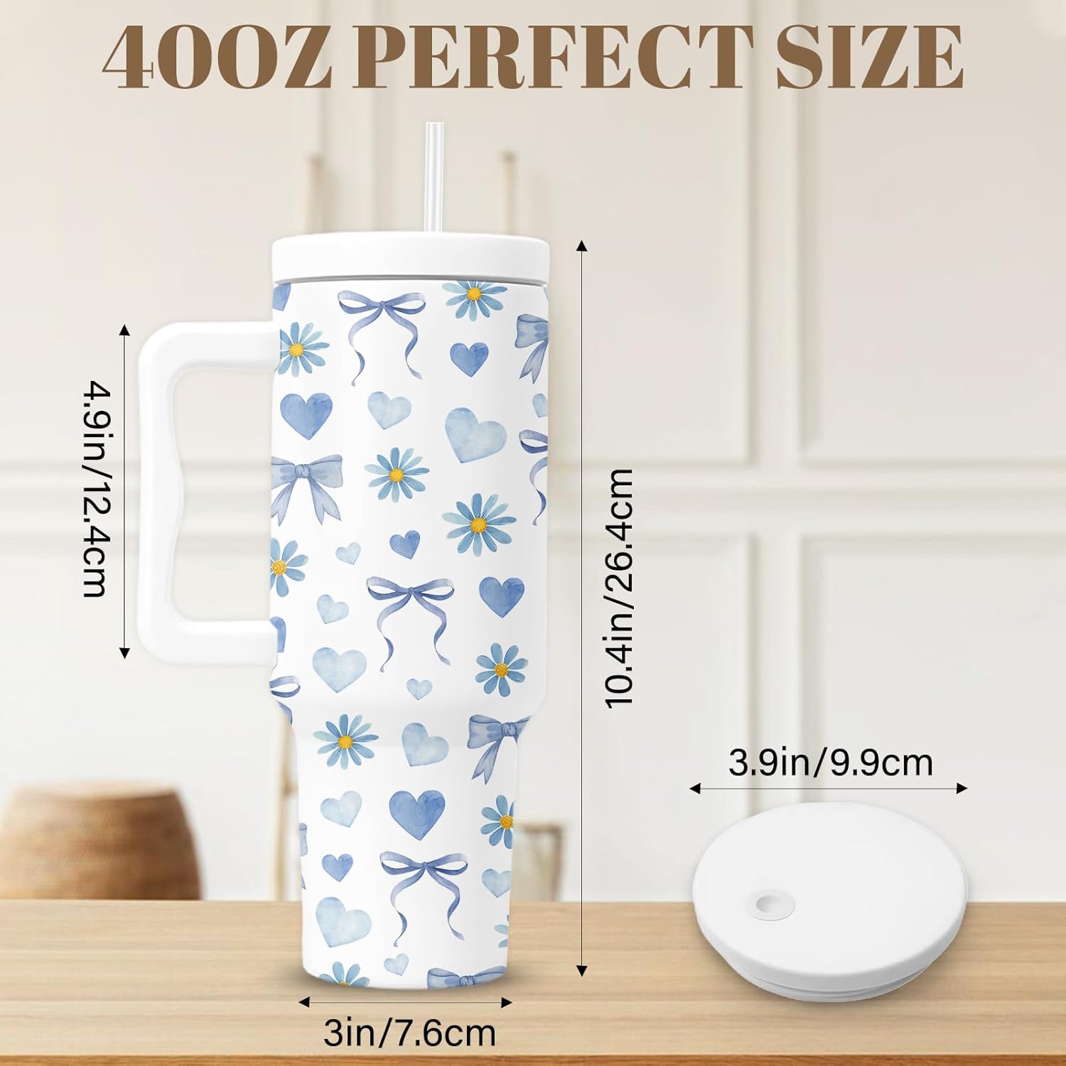 Bow Tumbler With Handle 40 Oz, Blue Bow Insulated Tumbler For Women, Christmas Gifts For Women Girls Mom Wife Friends, Blue And White Christmas Insulated Cup - Image 3