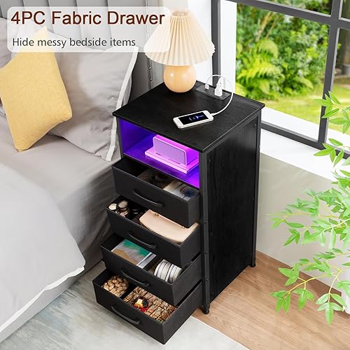 Miniatura 5 de Juego de 2 mesitas de noche negras con estación de carga, mesas auxiliares con 3 cajones de tela, mesita de noche con puerto USB tipo C y tomas de