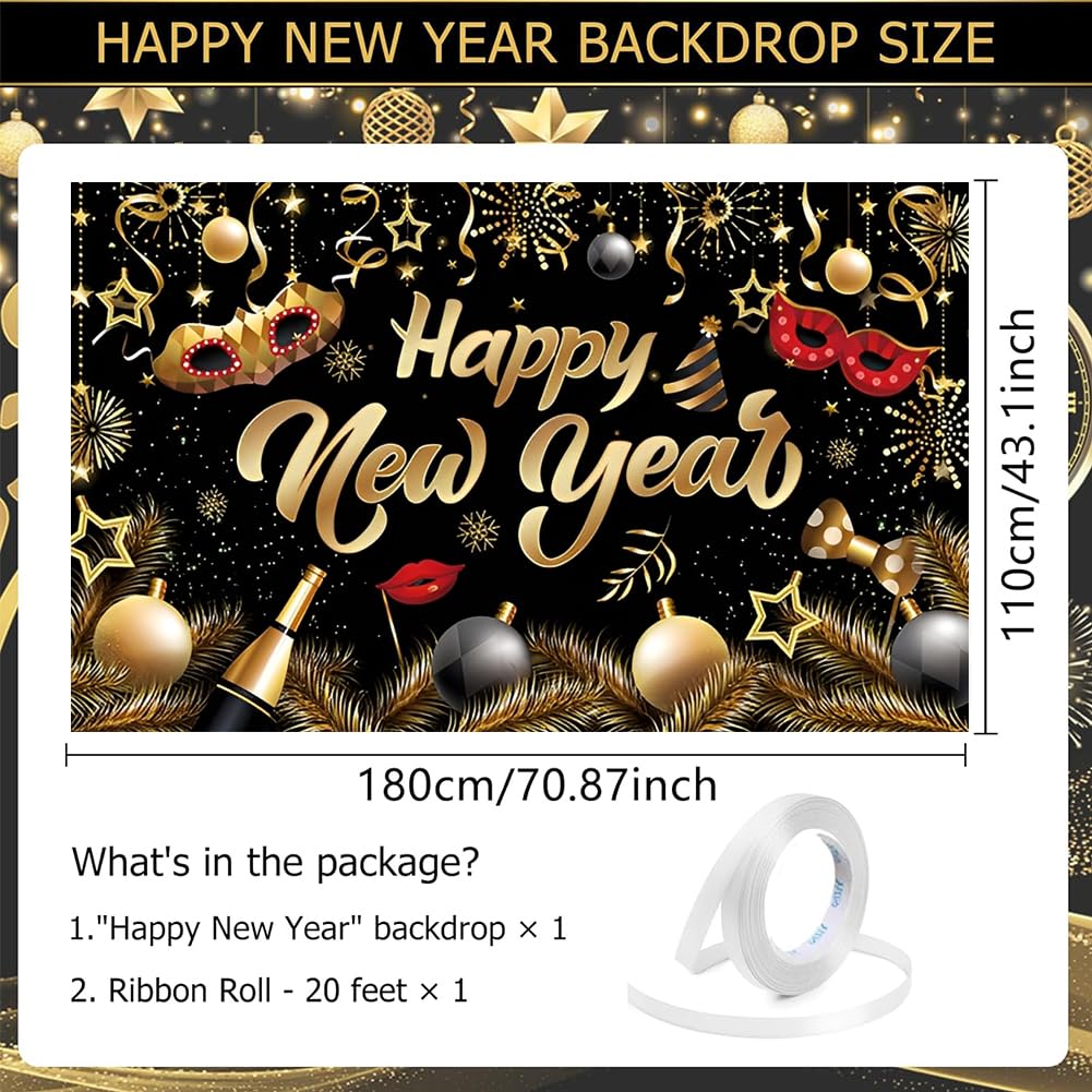 Happy New Year Banner New Years Eve Decorations 2026 JynxtoyZeal Large Happy New Year Banner Backdrop Photo Booth Props New Year's Party Decorations,43.3 x 70.9Inch - Image 2