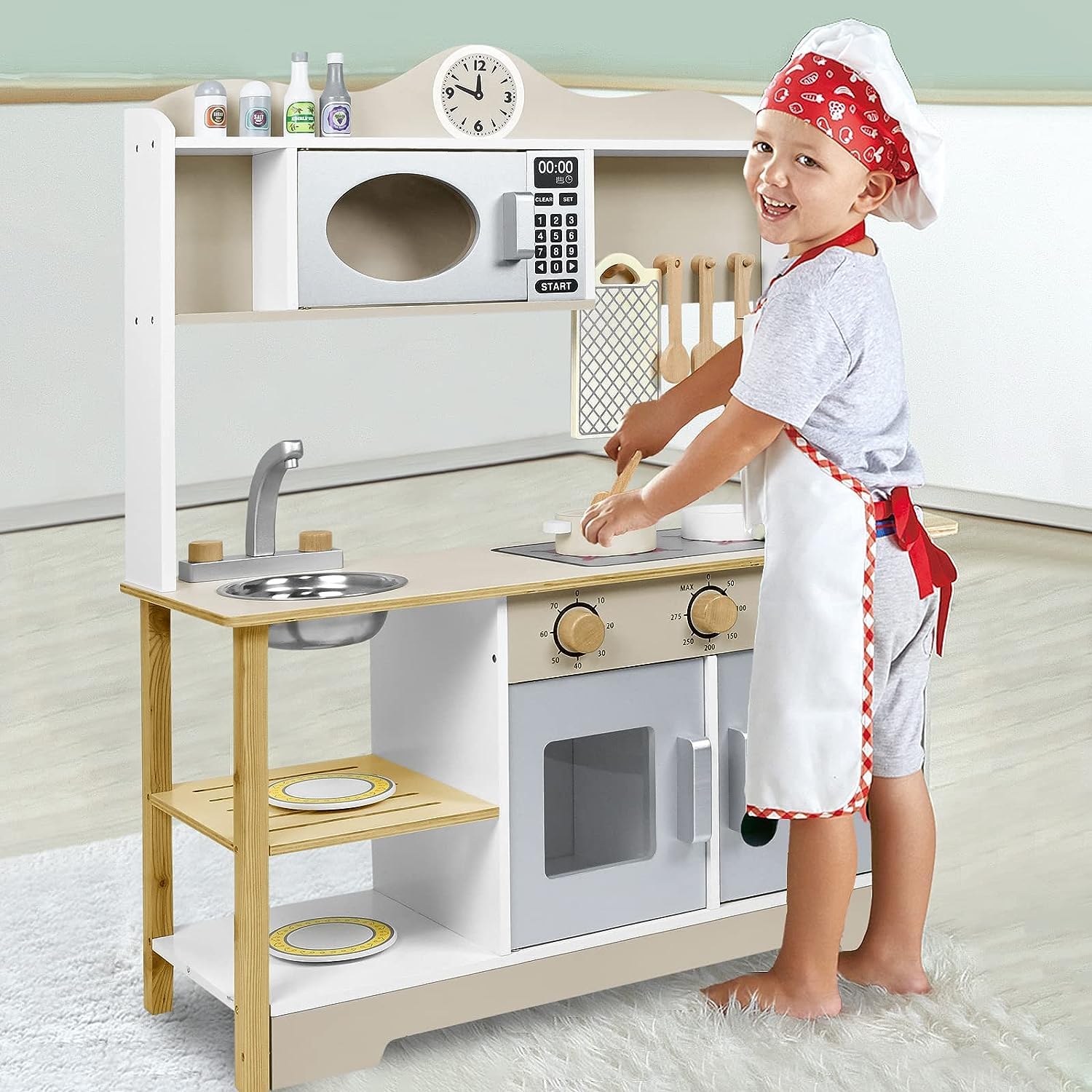 ACXIN Holz Küchenset für Kinder, Küche Küchenspielzeug Set mit Kinderküche zubehör, Küchen-Zubehör aus Edelstahl und Holz, Mini-Küche für kleine Jungen und Mädchen (68x26x78cm)