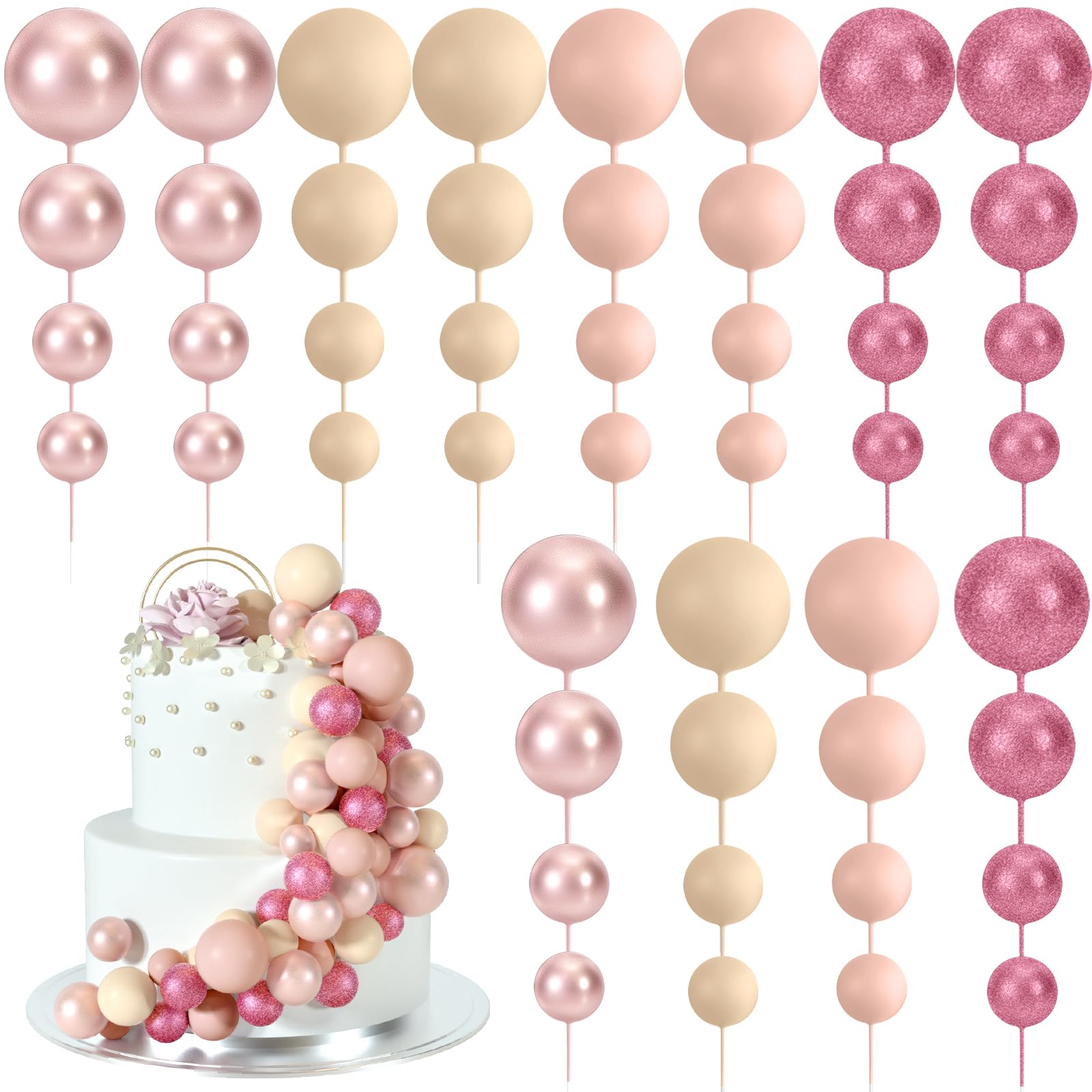 BOUBONI 48 Stück Tortendeko Kugeln Cake Topper Kuchen Dekorationen Ballon Cupcake Tortenaufleger für Geburtstag Party Hochzeit Babyparty Kuchendekoration (Glitzerrosa, Roségold, Hellbraun, Aprikose)