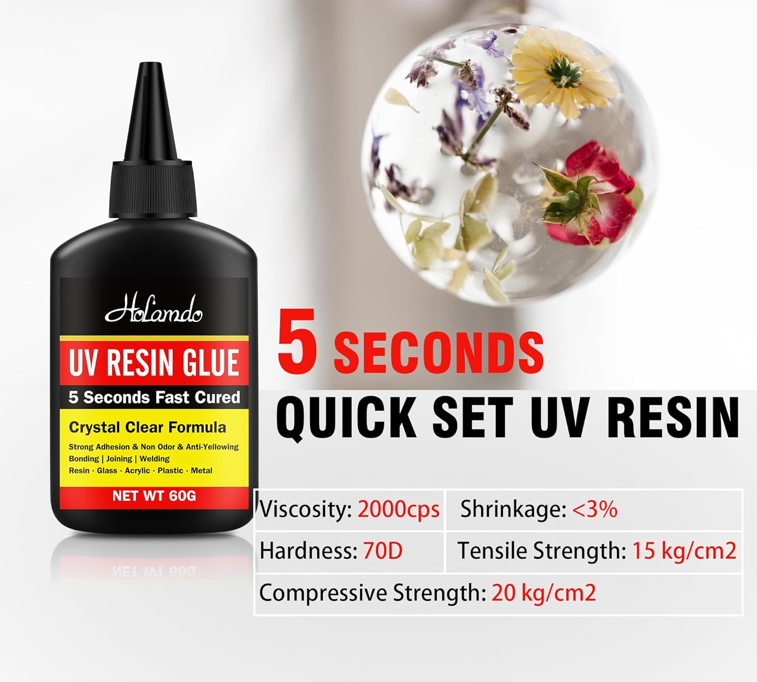 UV Resin Kit with UV Light, 60g Fast Curing UV Resin with Rechargeable UV Flashlight, 5-Second Cure Transparent UV Glue for Bonding and Welding Jewelry, Plastic, Acrylic, Crafts, Glass Repair - Image 2