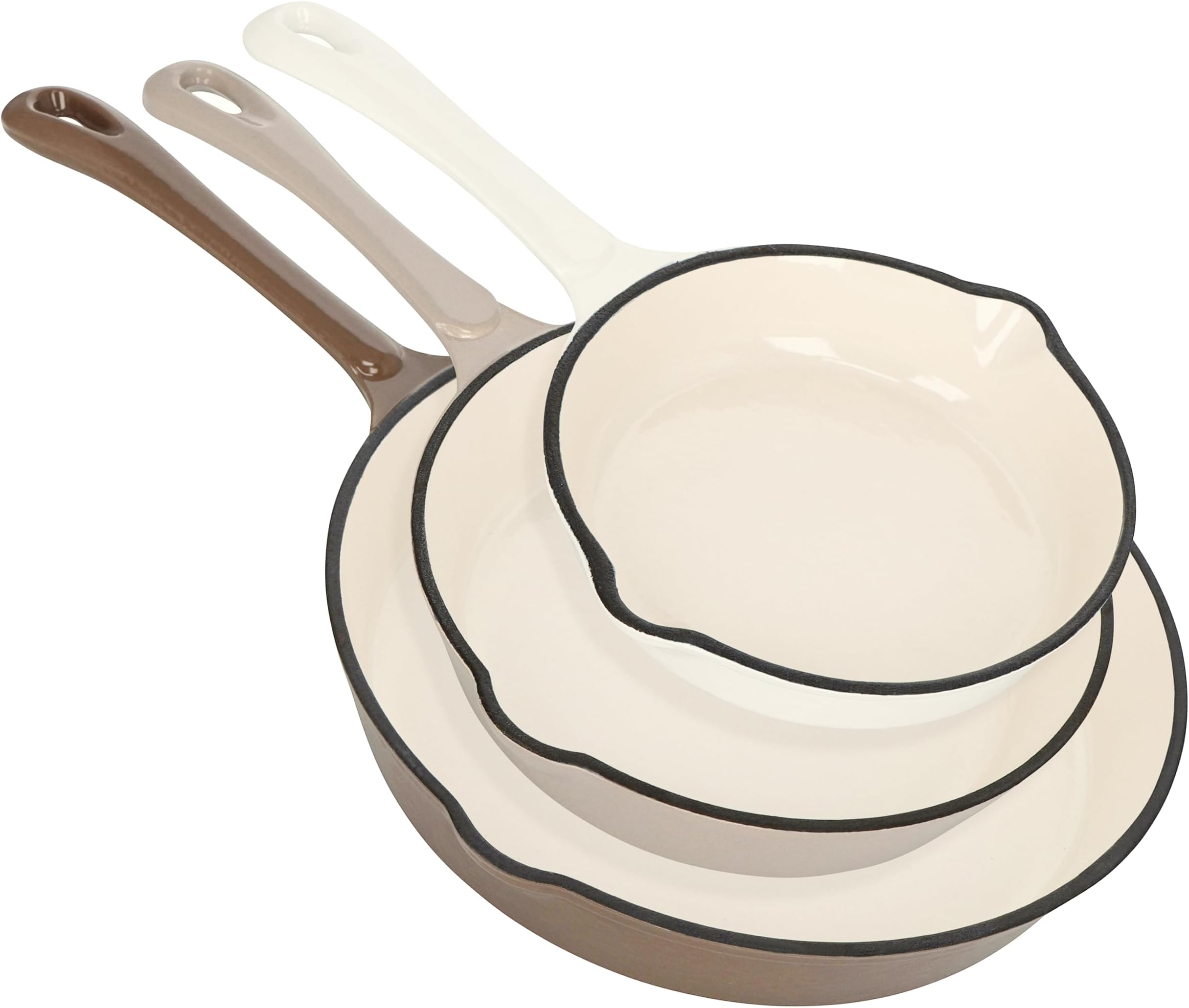 Lot45 Polished Enamel Coated Cast Iron Skillets Set - 3pc Nonstick Cookware Enameled Cast Iron Frying Pan Set for Cooking