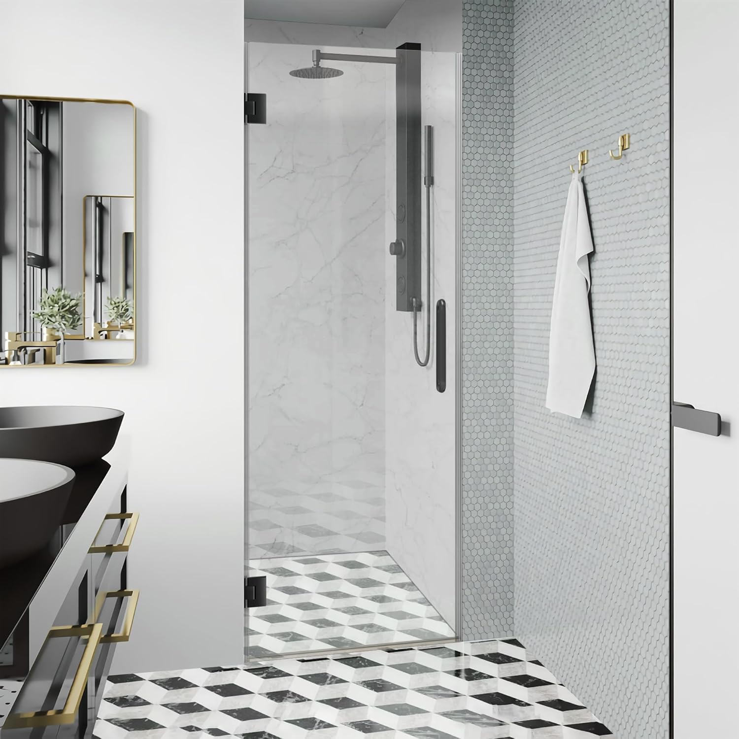 Bathroom Frameless Shower Door 32" W*72" H, 5/16"(8mm) Clear Tempered Glass Hinged Shower Door with Seal Strip, Matte Black Handle&Clamps