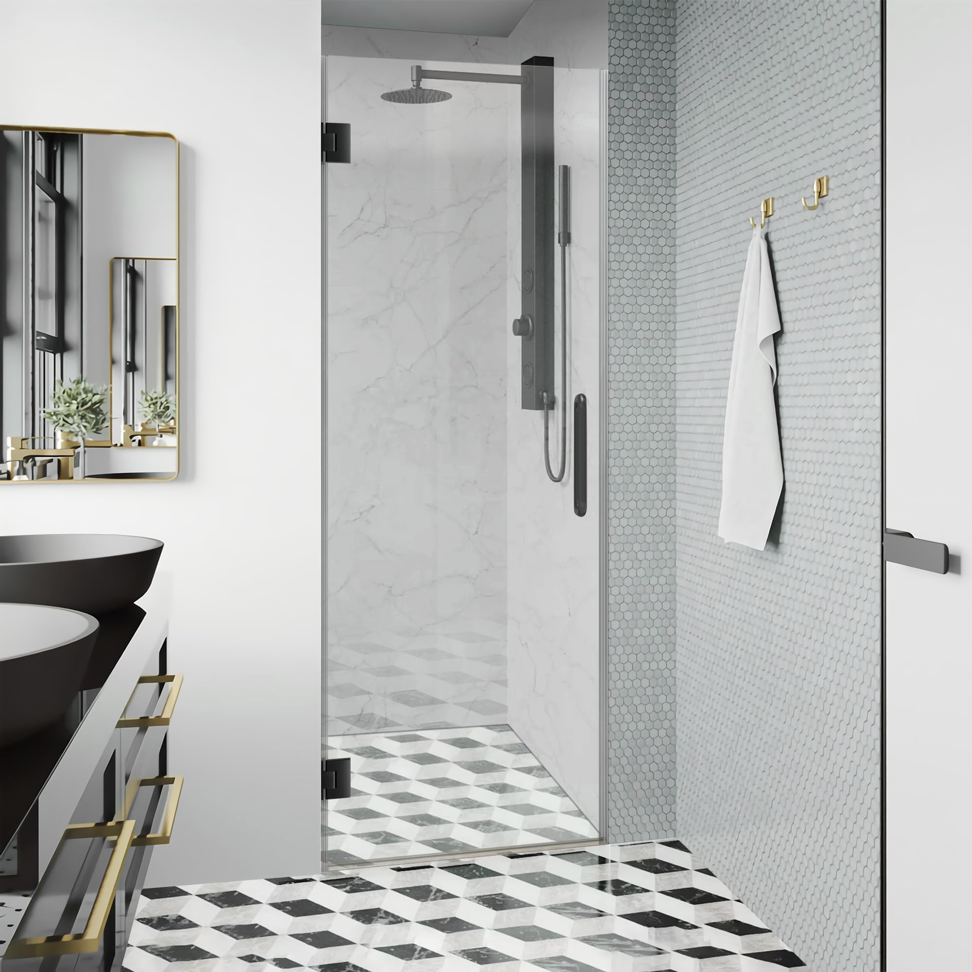 Bathroom Frameless Shower Door with Black Hardware, 28” W*72" H, 5/16"(8mm) Clear Tempered Glass with Seal Strip, Matte Black Curved Handles and Clamps.