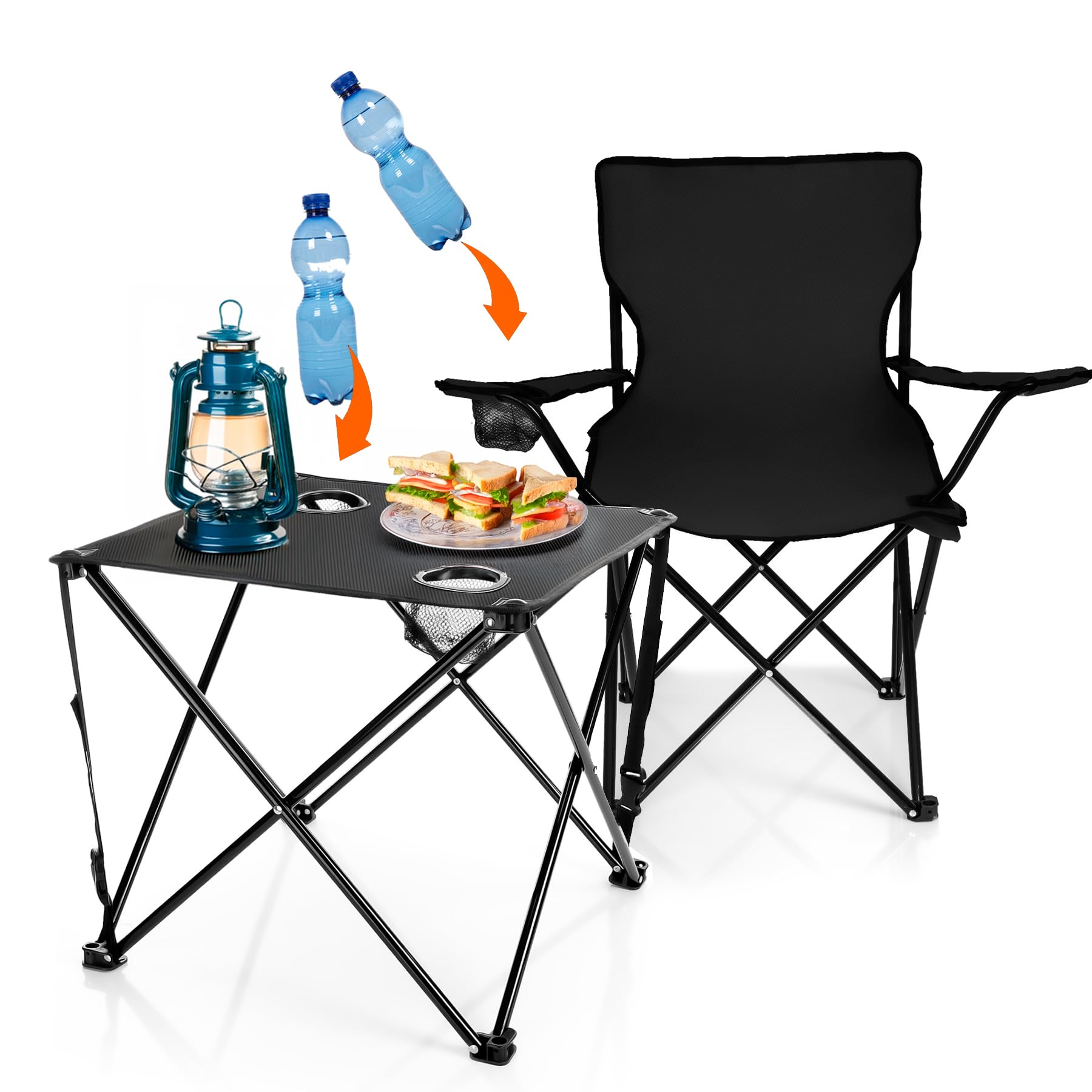BigDean 2 Stück Campingstühle & Campingtisch faltbar schwarz - Campingtisch mit Stühlen - Faltstuhl Campingstuhl mit Tisch Klapptisch mit Stühlen
