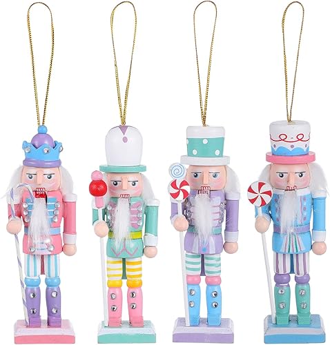 Miniatura 9 de Amosfun 4 adornos de cascanueces de madera – 4.7 in de alto soldado cascanueces figuras pastel cascanueces adorno colgante de árbol