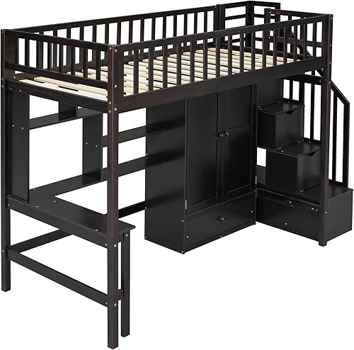 Miniatura 6 de SIYSNKSI Cama tipo loft moderna de tamaño individual con armario y 7 cajones marco de cama tipo loft de madera con escalera inclinada y escritorio