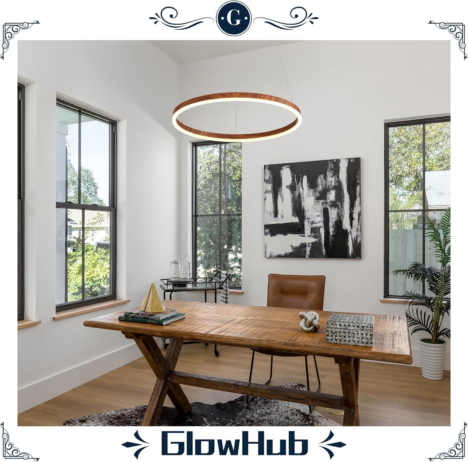 Modern LED Chandelier, 1-Ring LED Pendant Light Fixture with Remote Control, Farmhouse Wood Painted Round Chandelier for Dining Room, 20 Inches Circle Hanging Light for Foyer Kitchen