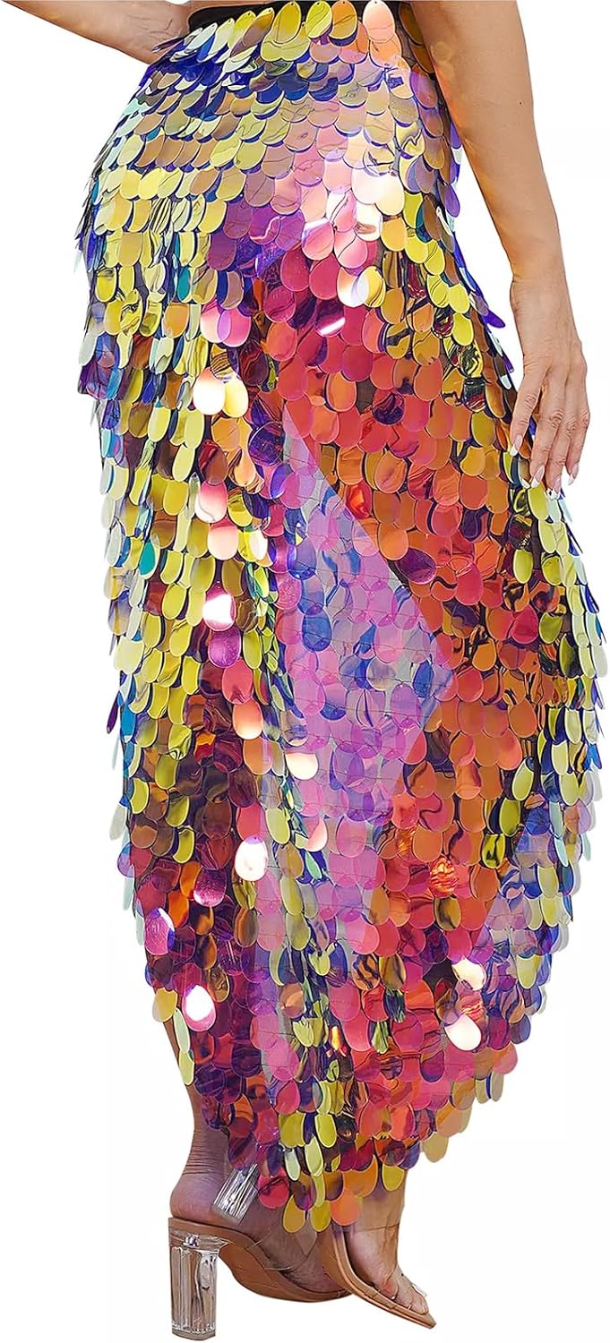 Shiny Sequins Skirt Belly Dance Hip Scarf for Women, Triangle Dancing Wrap Skirt Festival Performance Party Costume