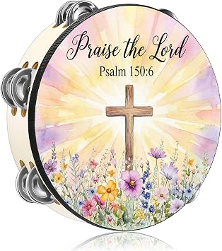 Tambourines for Adult 8 Inch Church Christian Dance Tambourine Double Row Jingle Bible Hand Bell Drum for Church Pray Party Percussion Musical Instrument Hand Bell Clap DrumPraise the Lord
