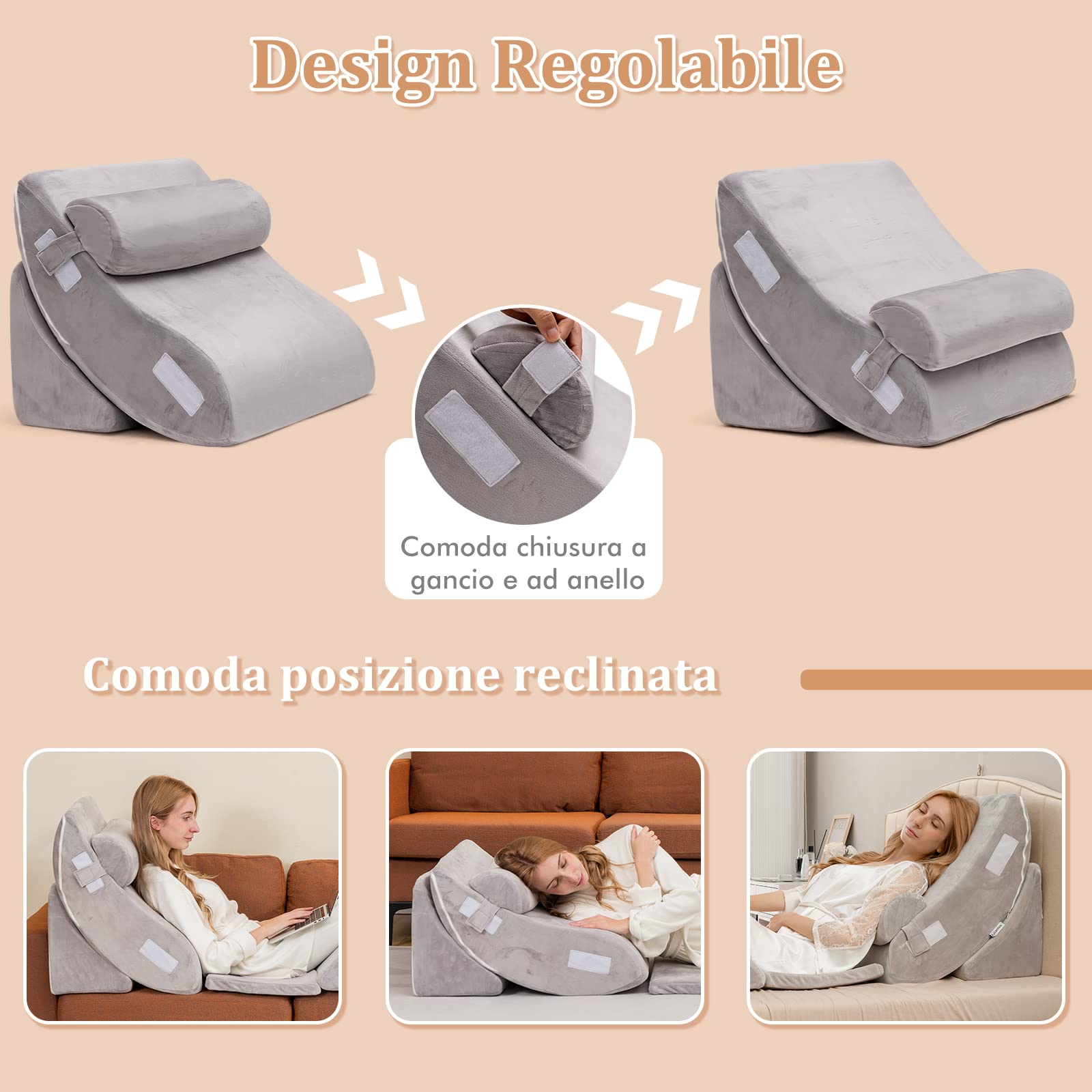COSTWAY Set di 4/6 Cuscini Regolabili a Cuneo, Cuscino a Cuneo per Letto in Memory Foam, per Alleviare il Dolore alla Schiena Collo e alle Gambe, Poggiatesta Rimovibile, Grigio (6 Pezzi)