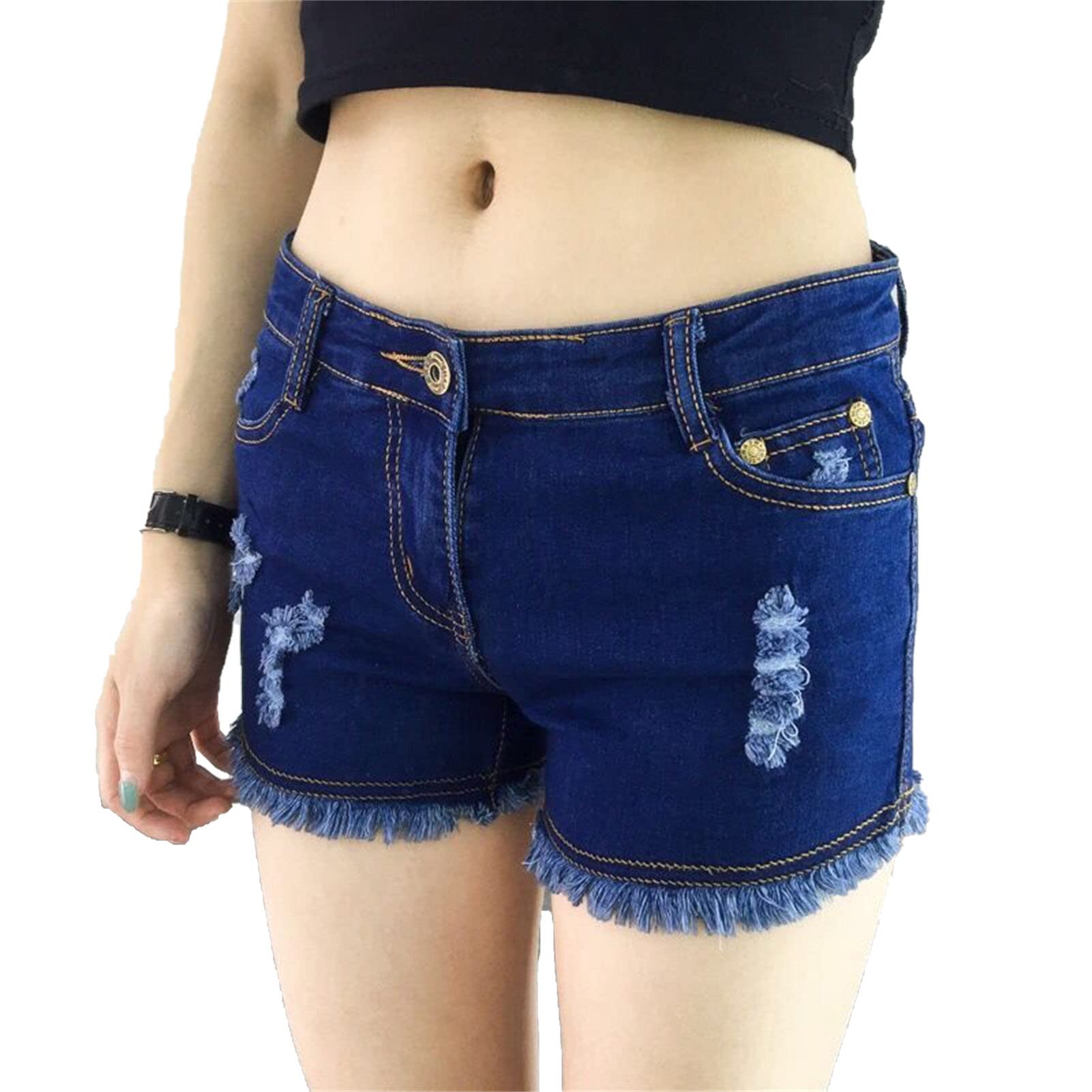 JEKE-DG Mid Rise Jean Shorts for Women Frayed Raw Hem Ripped Distressed Shorts Casual Stretchy Denim Shorts for Summer (Large,Blue)