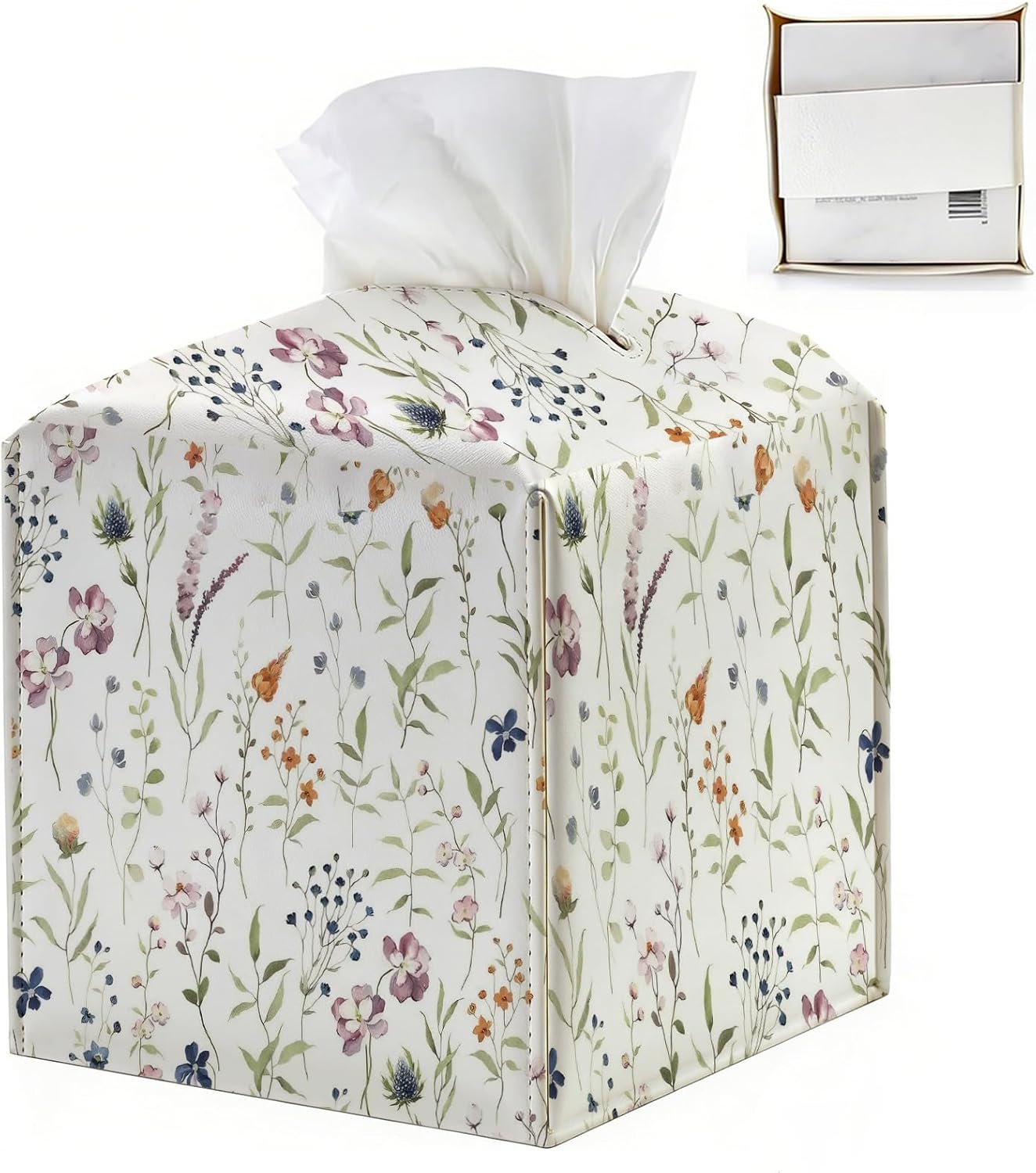 White Wildflowers Floral Tissue Box Holder Boho Botanical Plants Square PU Leather Tissue Box Cover for Bathroom Kitchen Bedroom Decorative Facial Paper Organizer Dispenser for Women 6.3x6.3x6.3