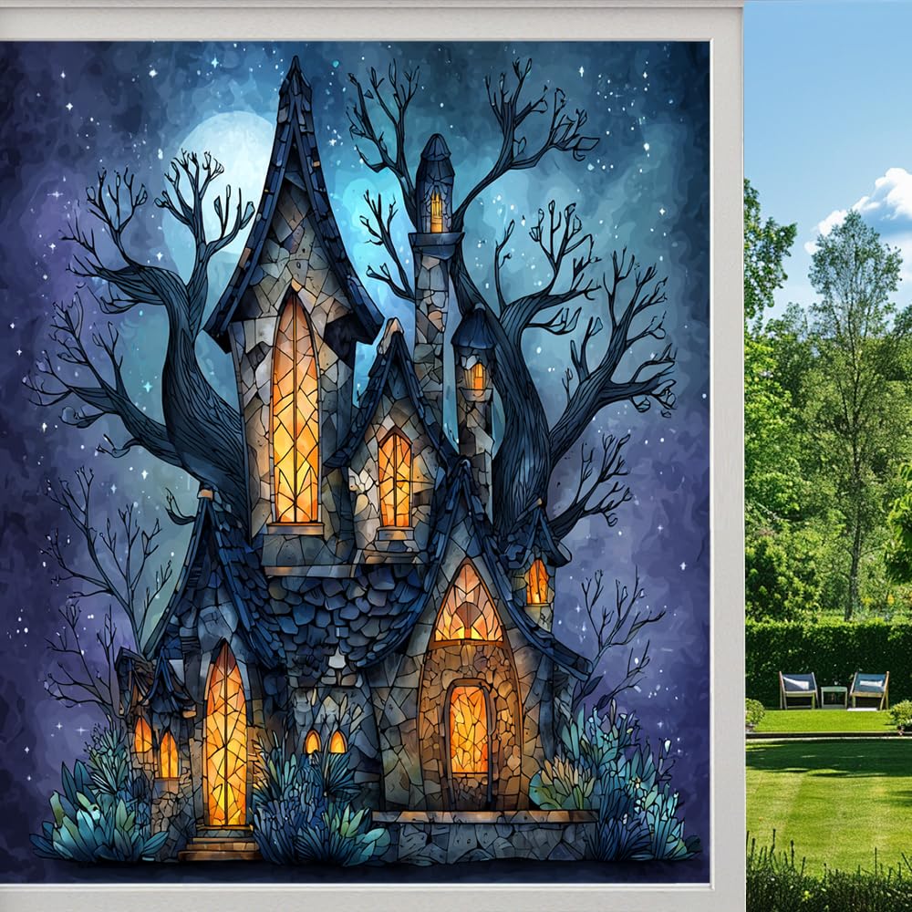 Gothic Castle Stained Glass Window Film, Witch Cottage Halloween Peel and Stick Privacy Film, Frosted Adhesive Vinyl Decorative for Bathroom Windows Glass Doors,（90x160cm）