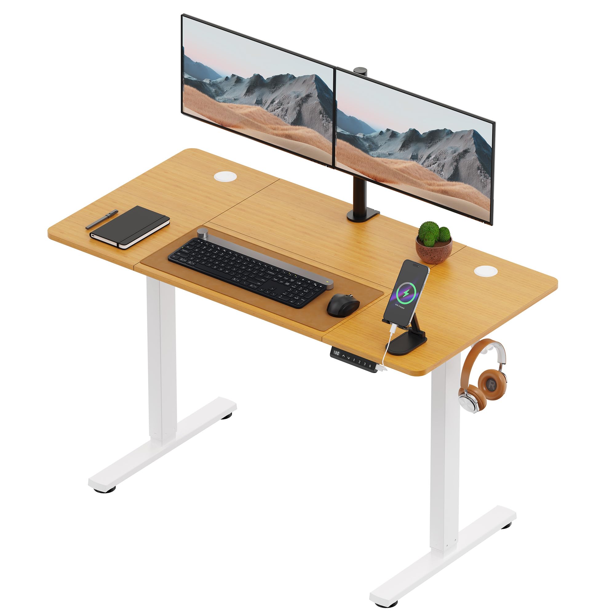 VonHaus Electric Standing Desk, USB-C Charging Height Adjustable Sit Stand Desk with Anti-Collision, Height Preset Technology & Cable Management, Light Wood Two Piece Desktop & Steel Frame, 120x60cm