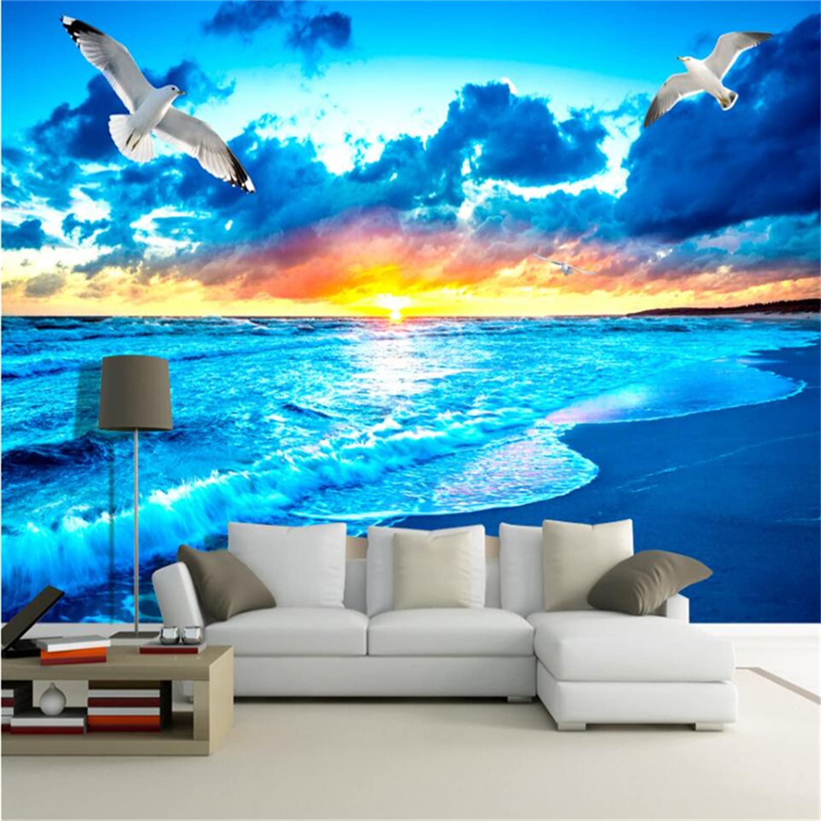 3D Sunrise Seascape Wall Mural Wallpaper, Removable Wall Mural Self-Adhesive Large Wallpaper for Kindergarten Bedroom Living Room Kids Room Tv Sofa Background Wall(100