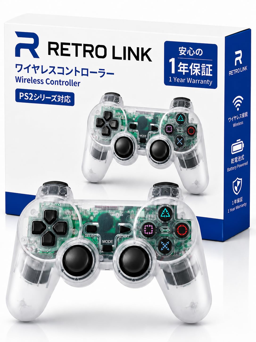【あの頃の感覚を自由に】PS2 コントローラー ワイヤレス PS1対応 無線コントローラー 低遅延 簡単接続 (クリアホワイト)
